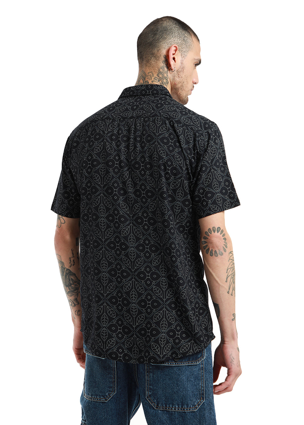 Emblematic Black Leaf Print Half Sleeve Shirt