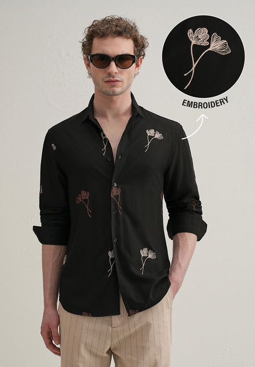 Black Floral Motif Embroidery Shirt