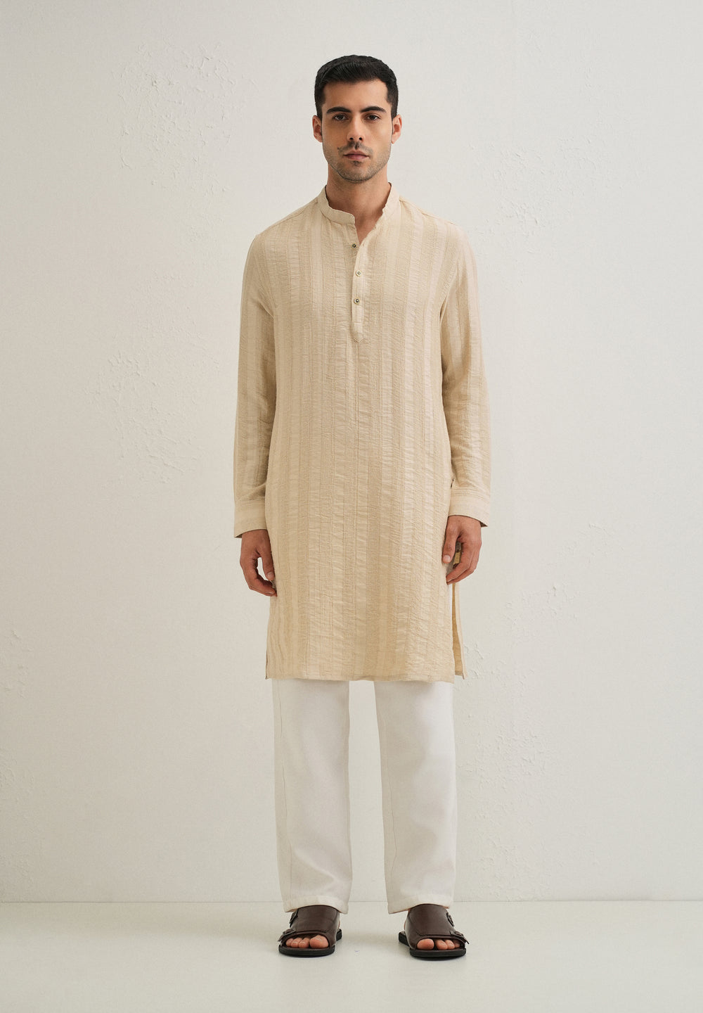 Beige Textured Vertical Stripe Kurta