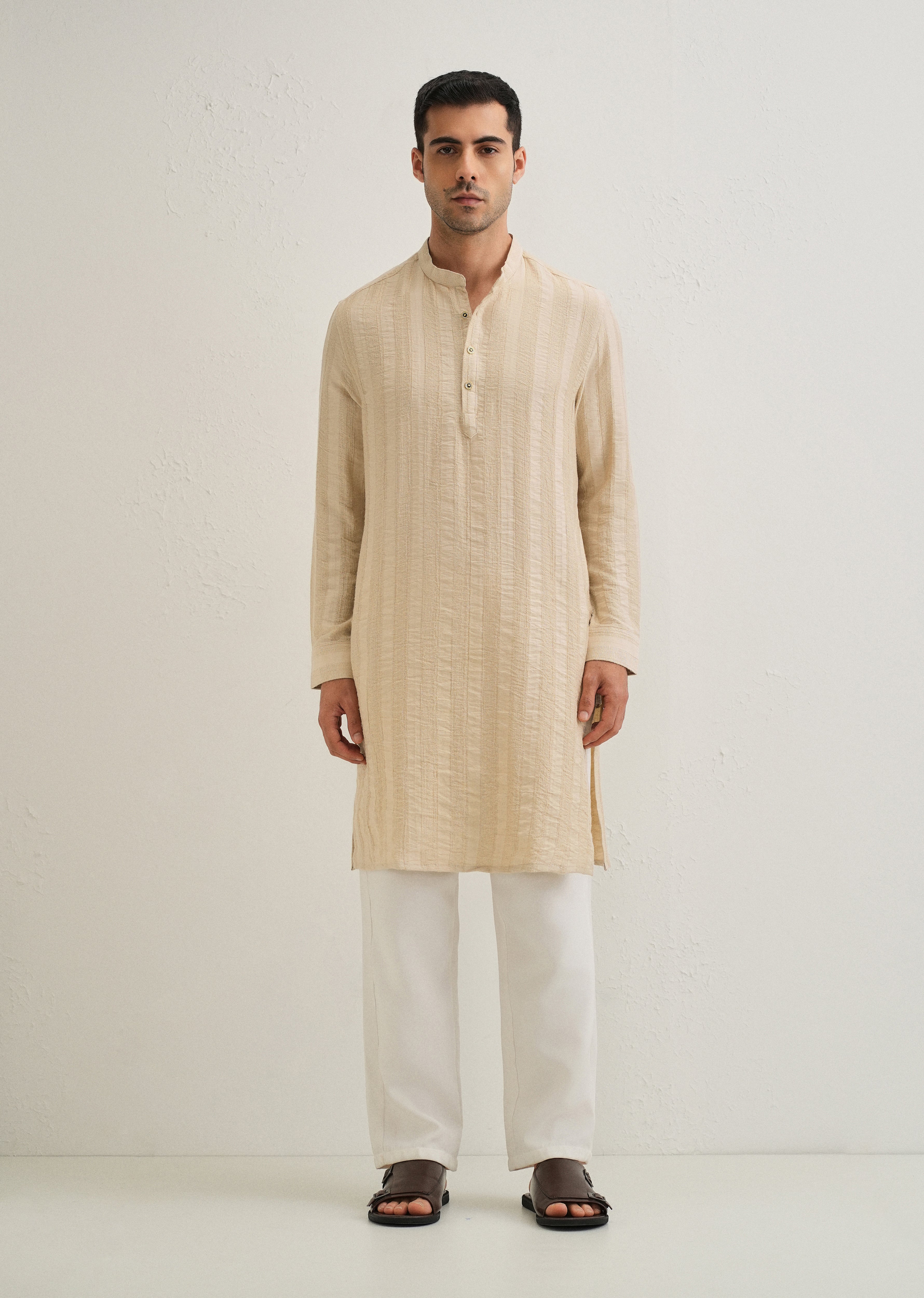 Beige Textured Vertical Stripe Kurta