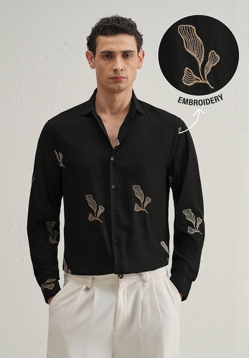 Black Leaf Motif Embroidery Shirt