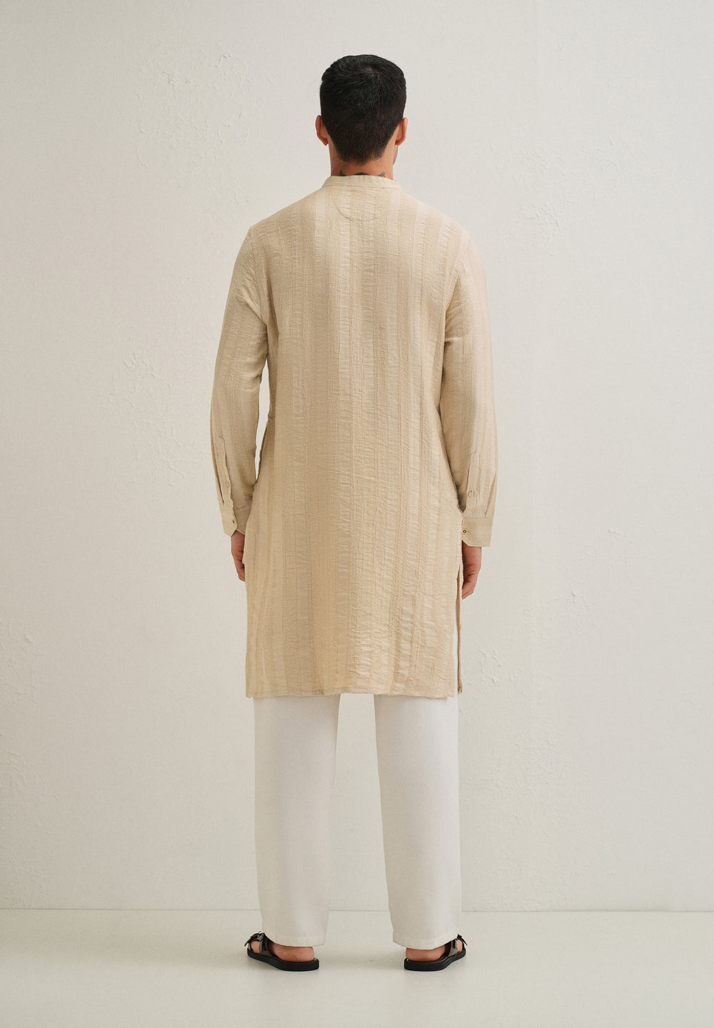 Beige Textured Vertical Stripe Kurta