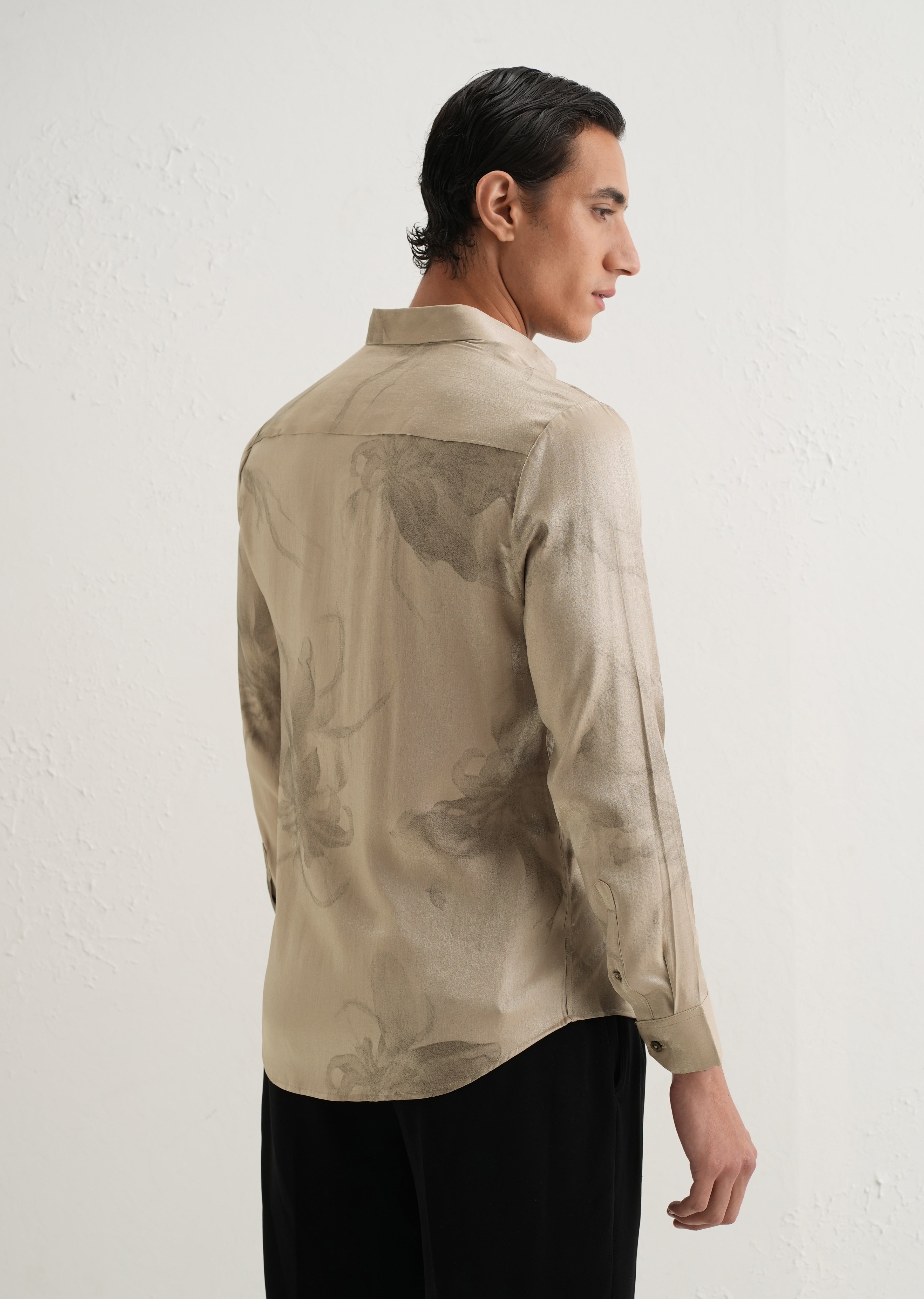 Beige Metallic Sheen-Look Printed Shirt