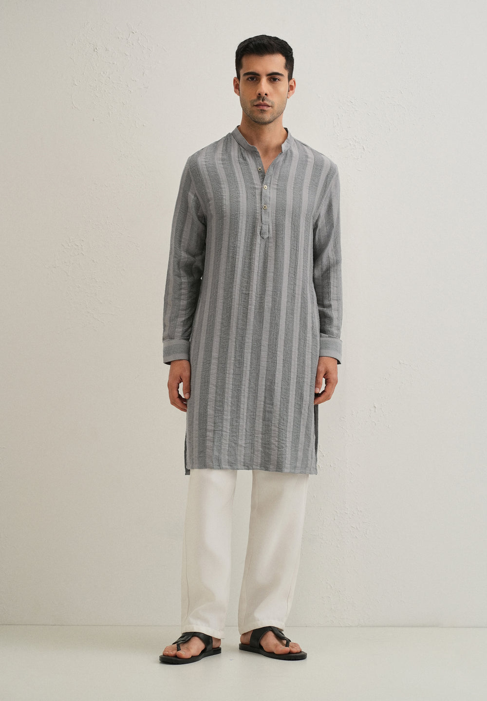 Grey Textured Vertical Stripe Kurta