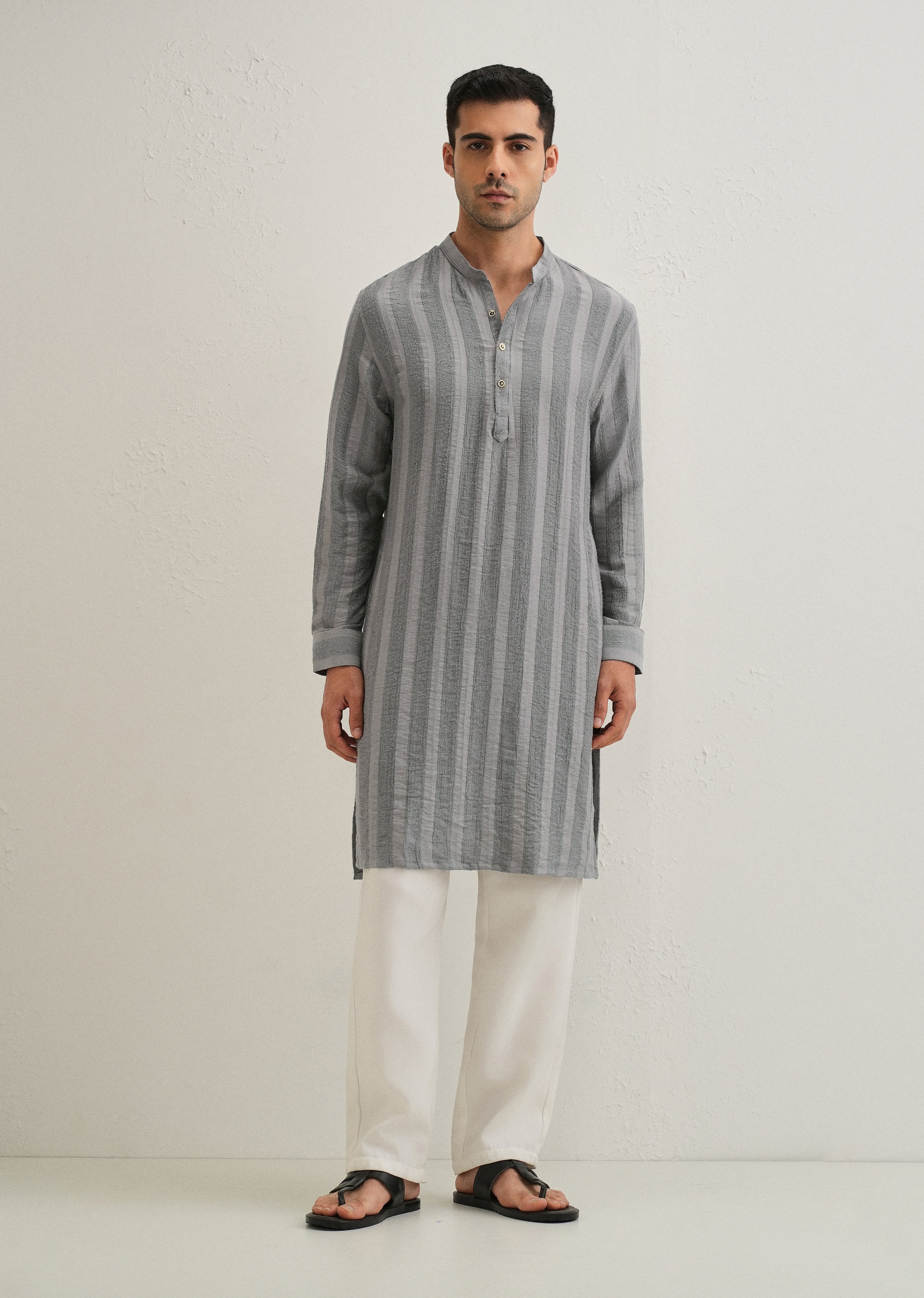Grey Textured Vertical Stripe Kurta
