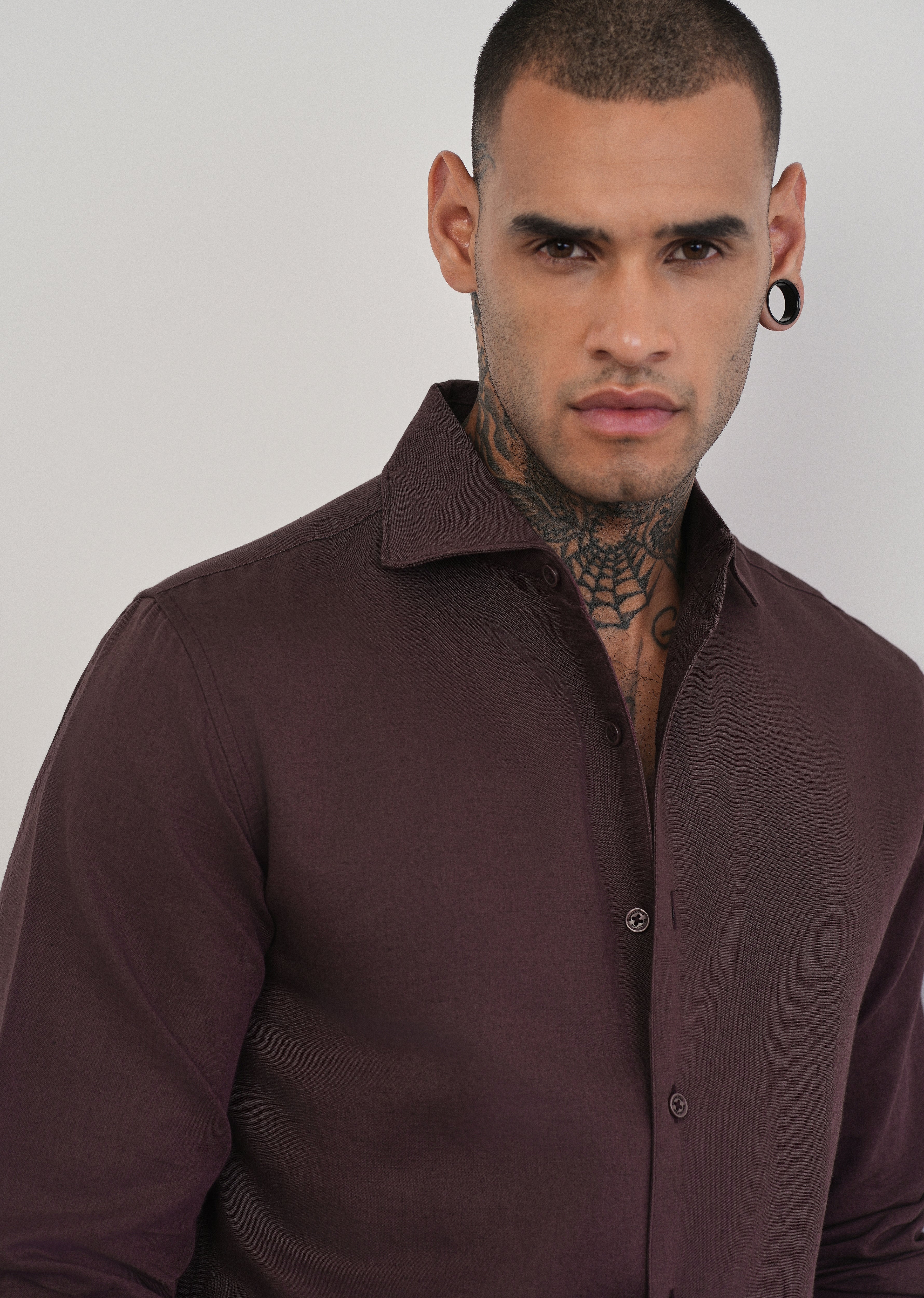 Wine Plain Cotton Linen Shirt