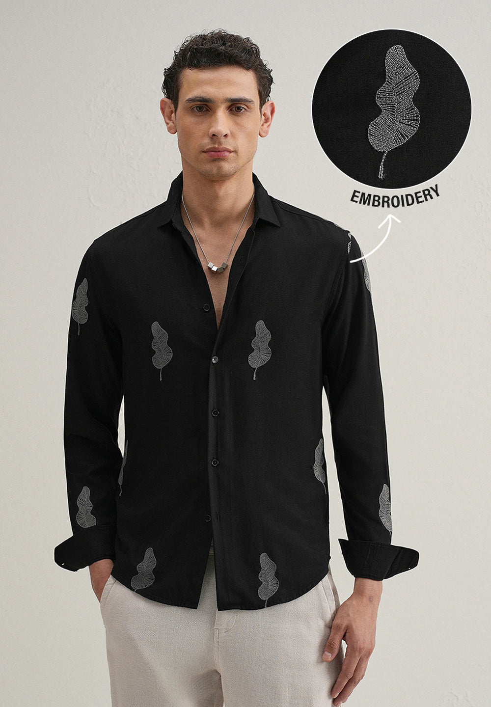 Black Grey Leaf Motif Embroidery Shirt