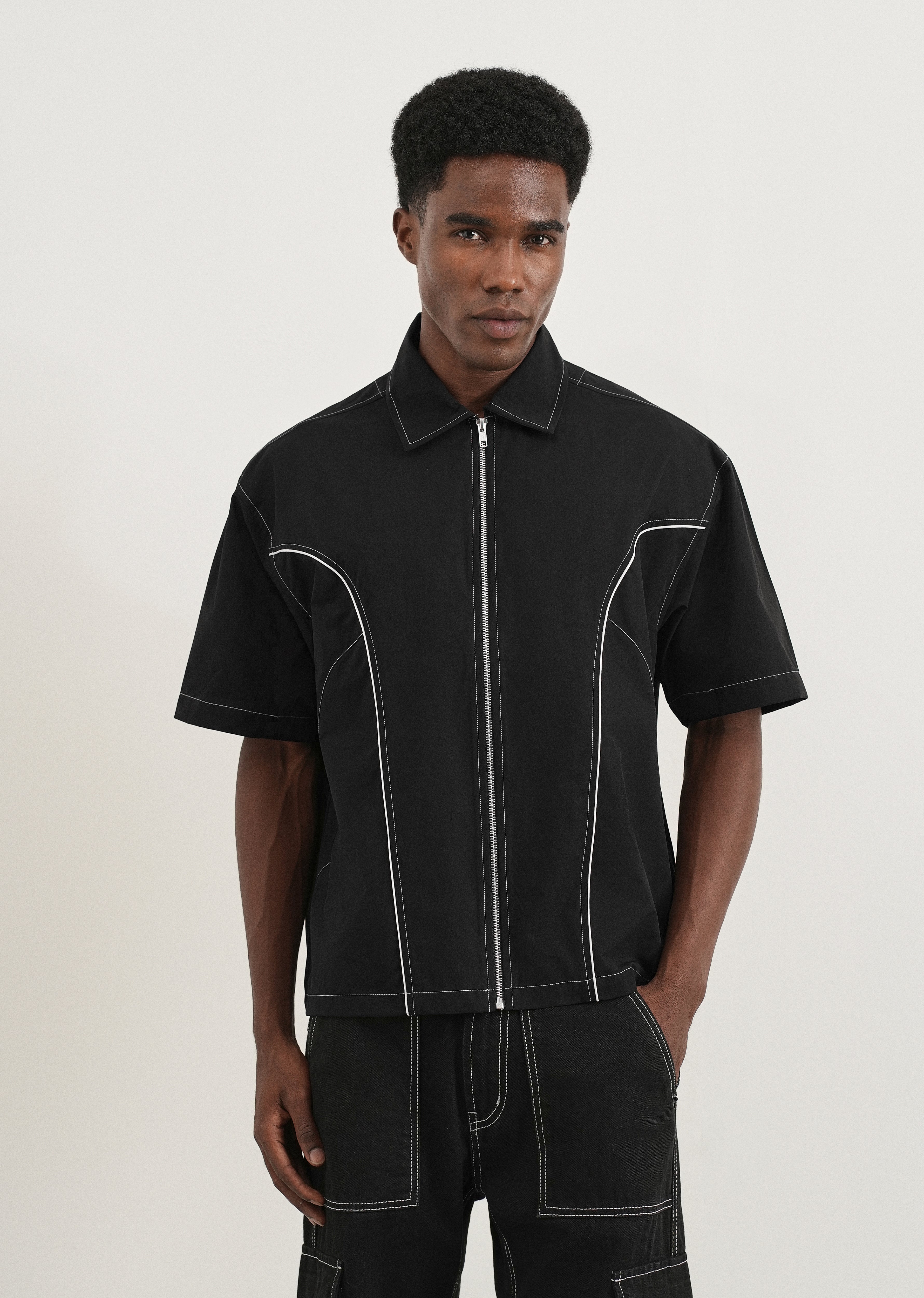 Black Contrast Stitch Panel Shirt