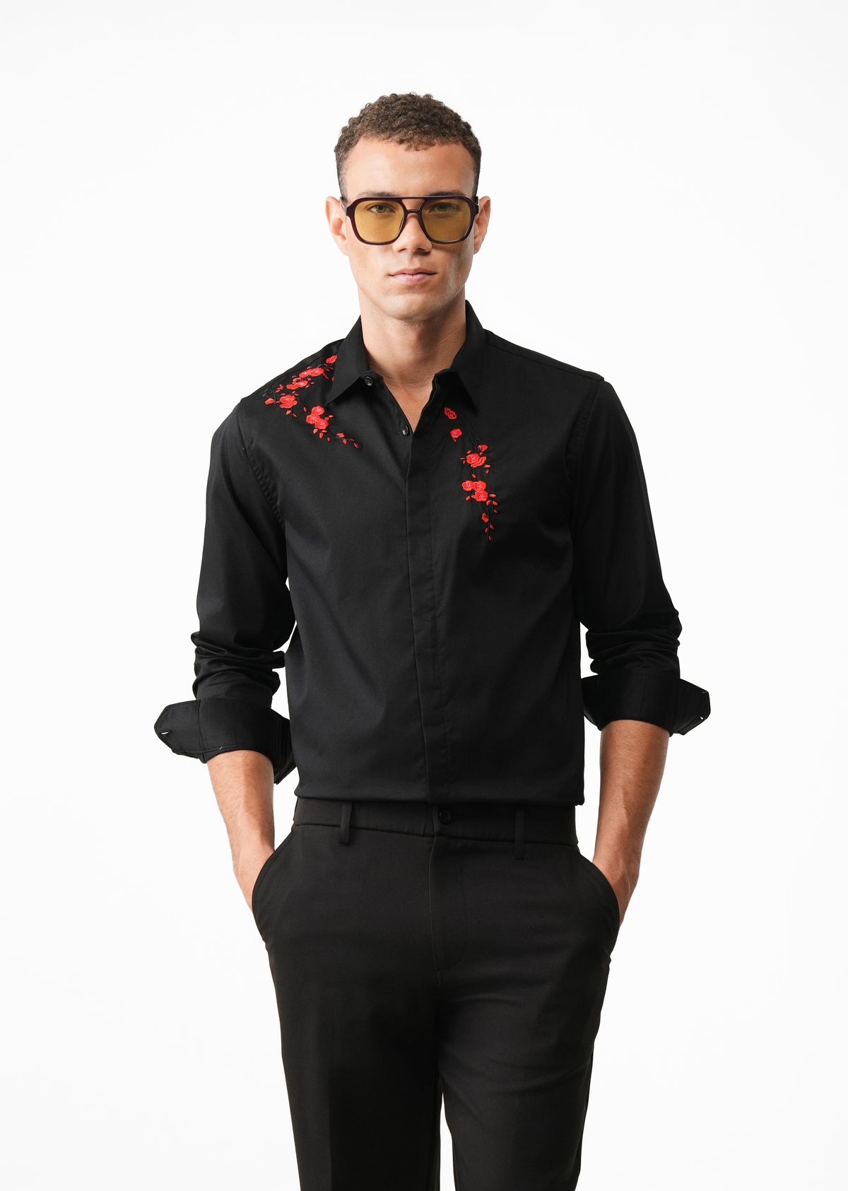 Black Blossom Embroidery Designer Shirt