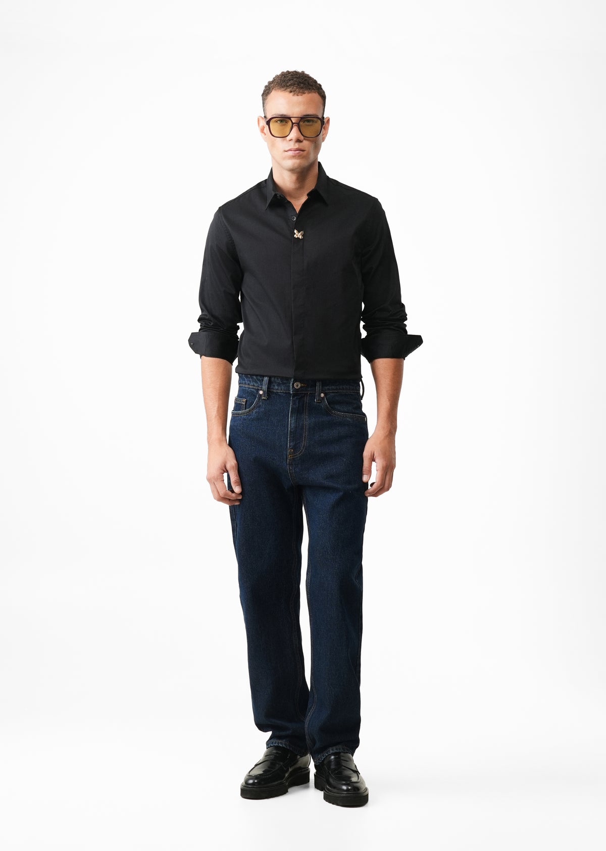 Black Metallic Butterfly Embellished Designer Shirt