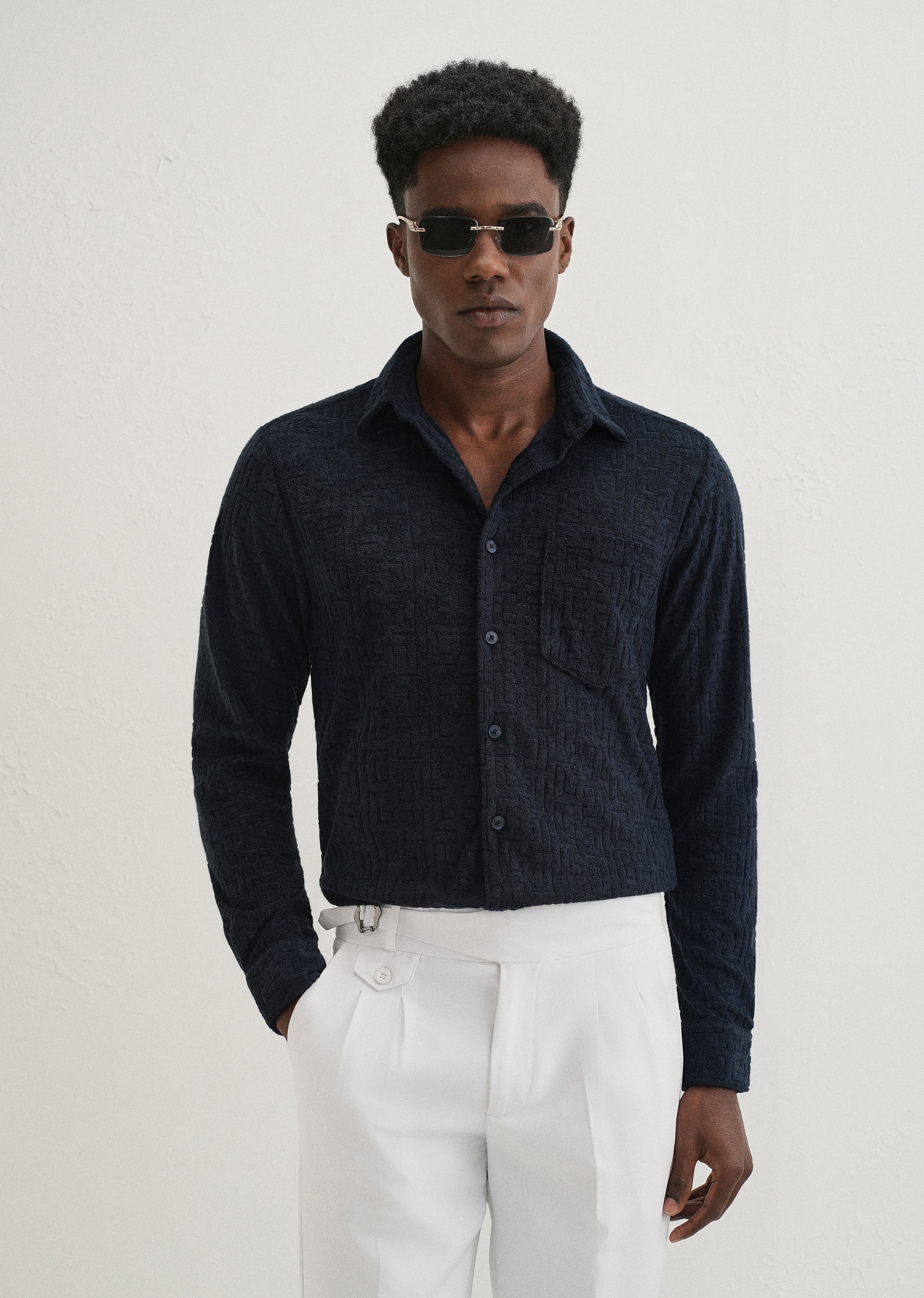 Blue Jacquard Knitted Shirt