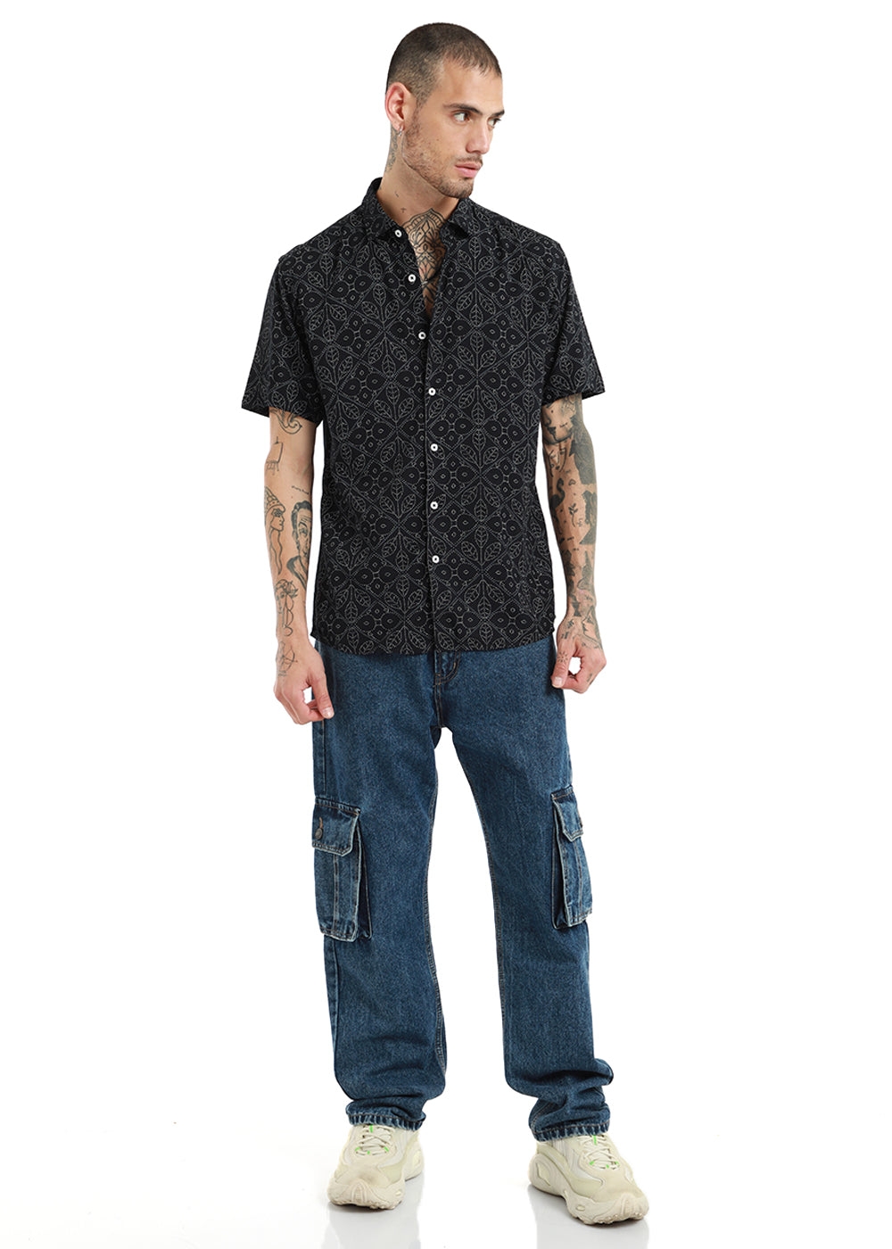Emblematic Black Leaf Print Half Sleeve Shirt