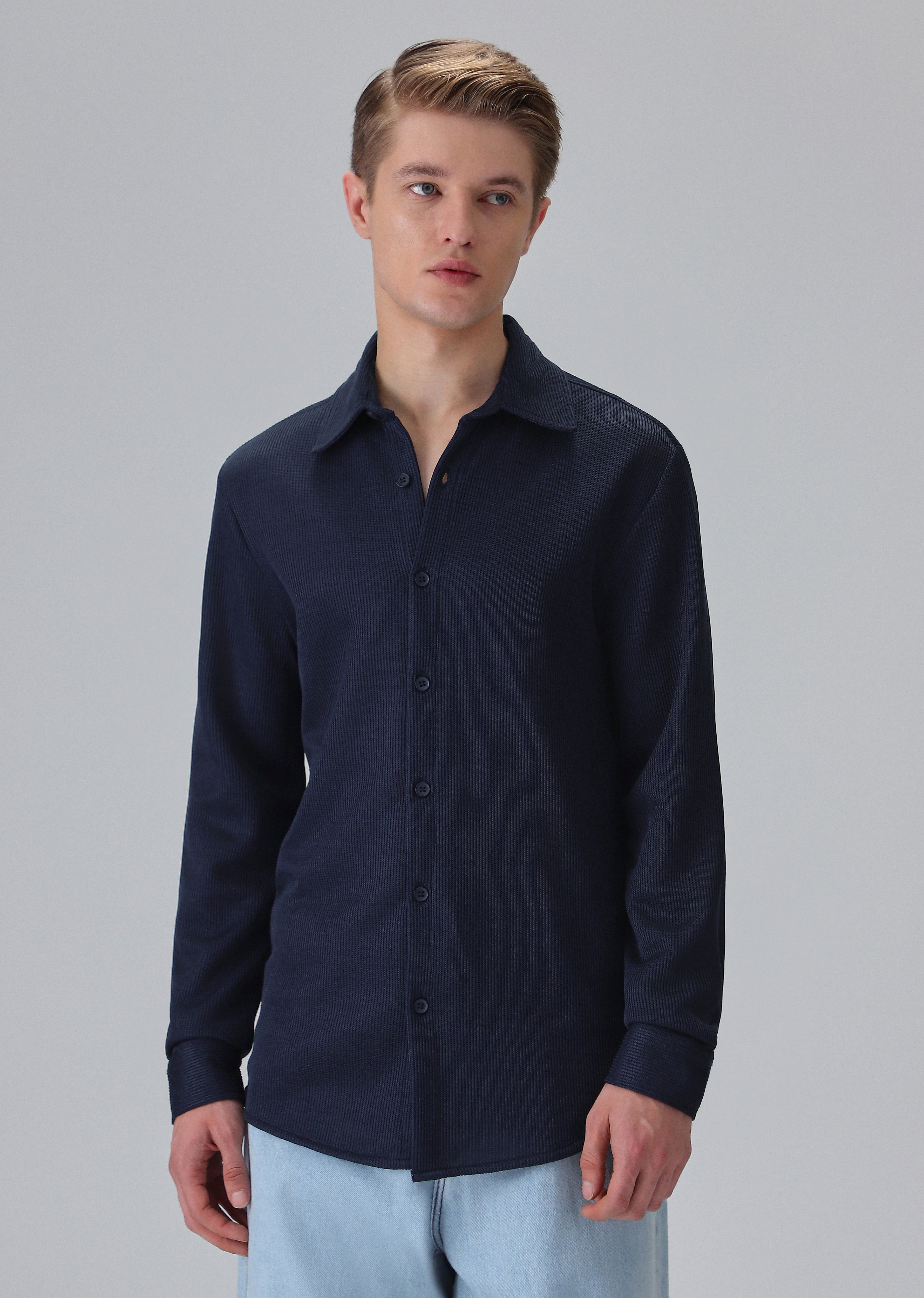 Dark Blue Plain Knitted Shirt