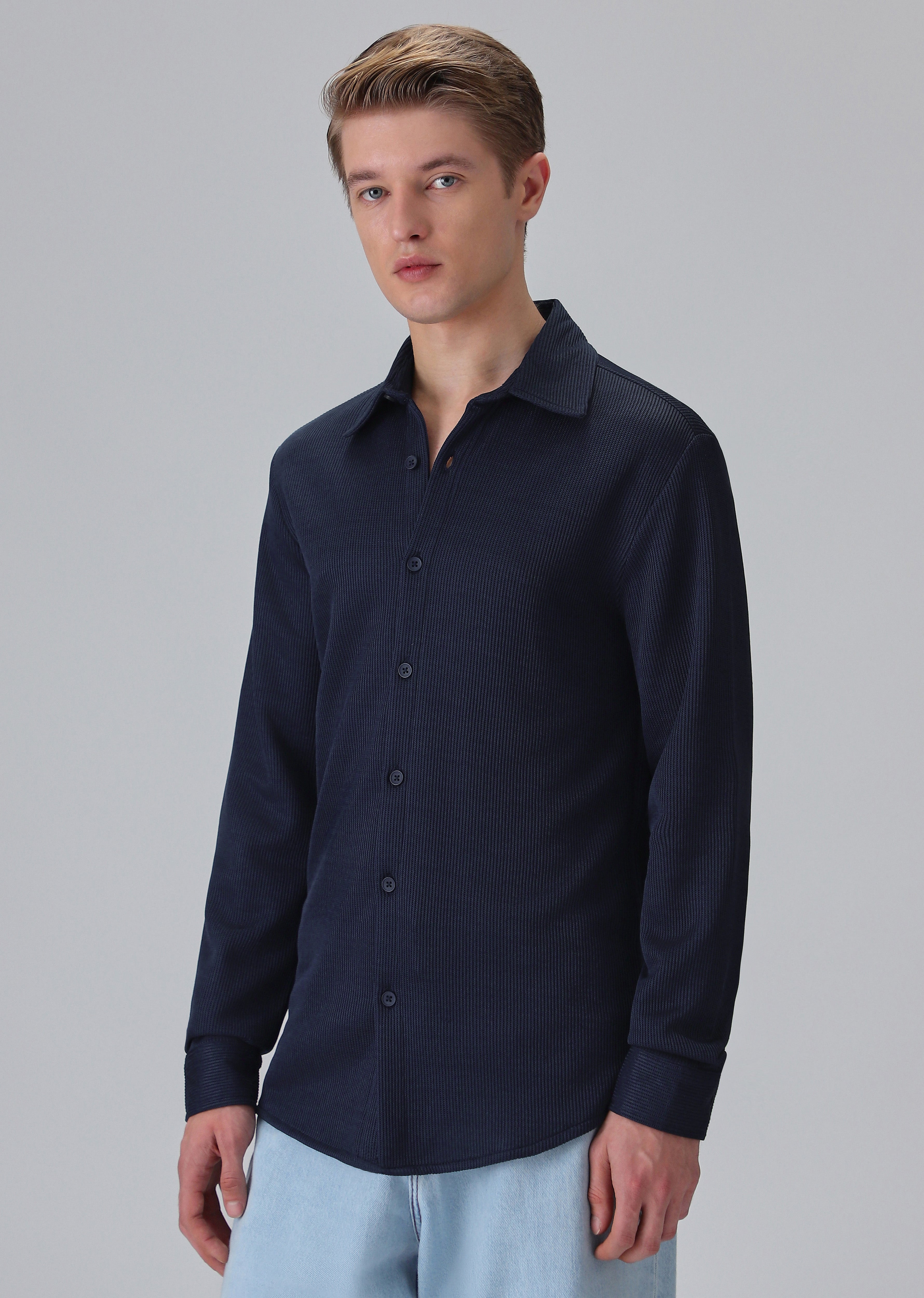 Dark Blue Plain Knitted Shirt