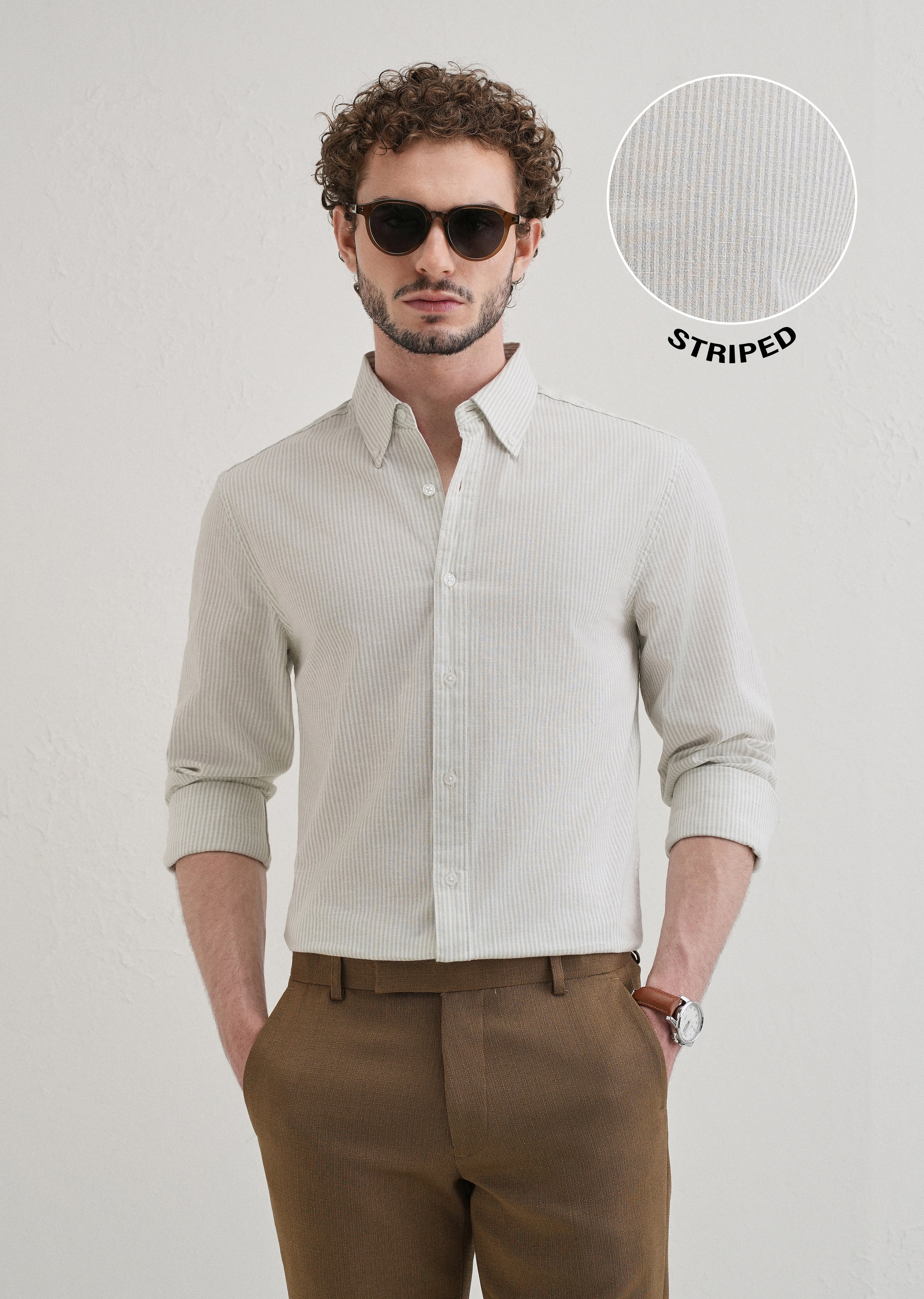 Light Green Striped Cotton Linen Shirt