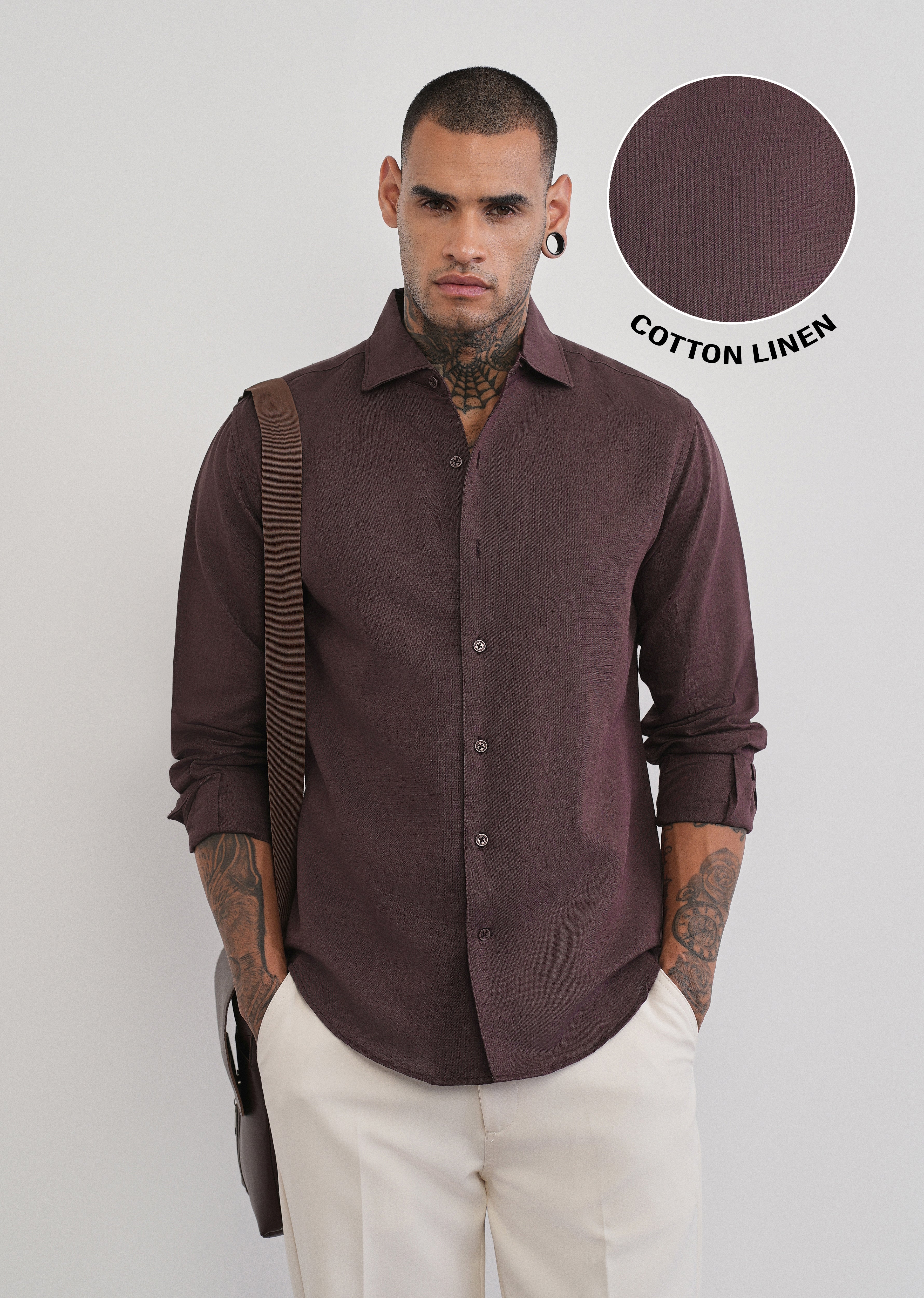 Wine Plain Cotton Linen Shirt