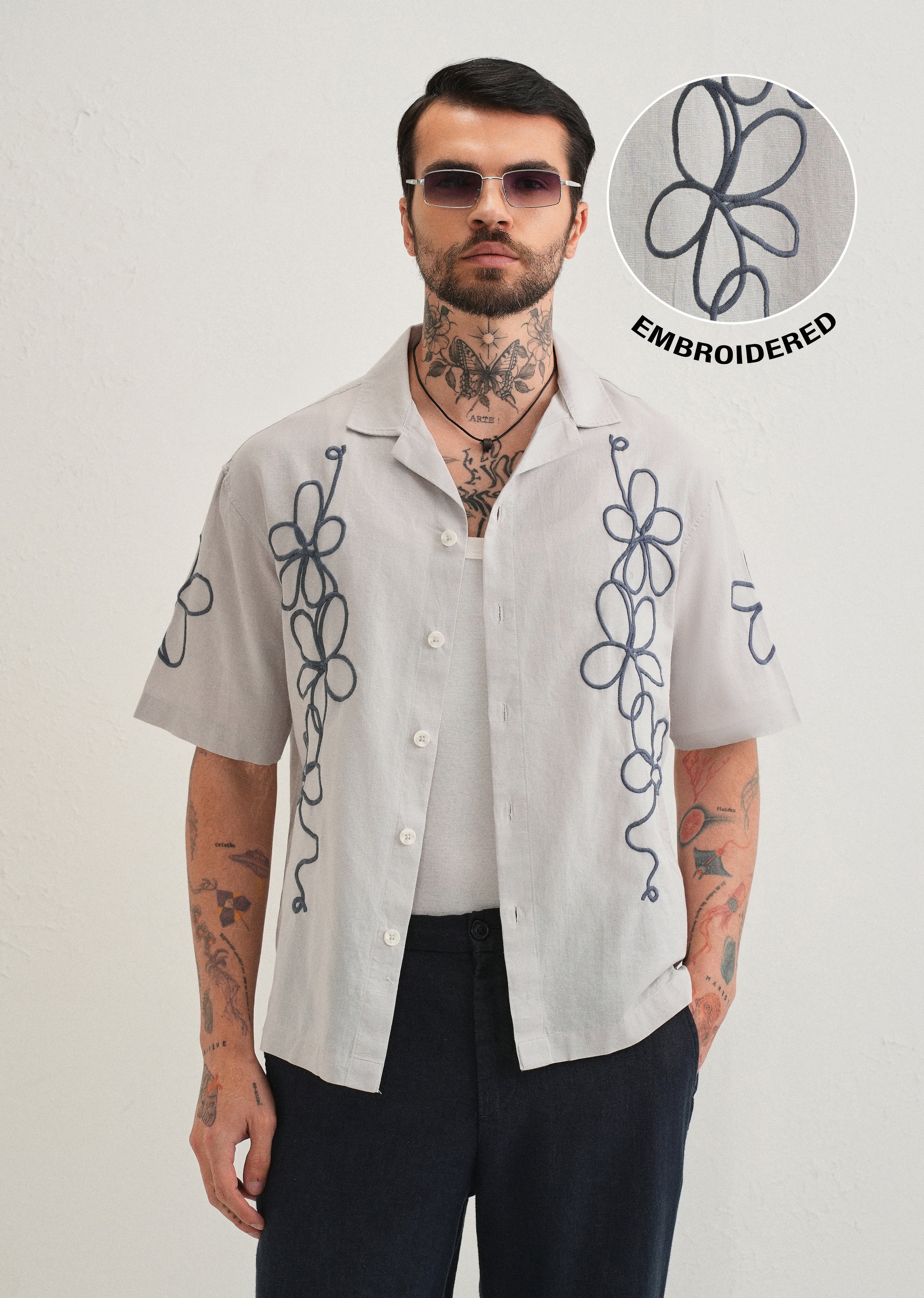 Light Grey Floral Embroidery Cuban Collar Shirt