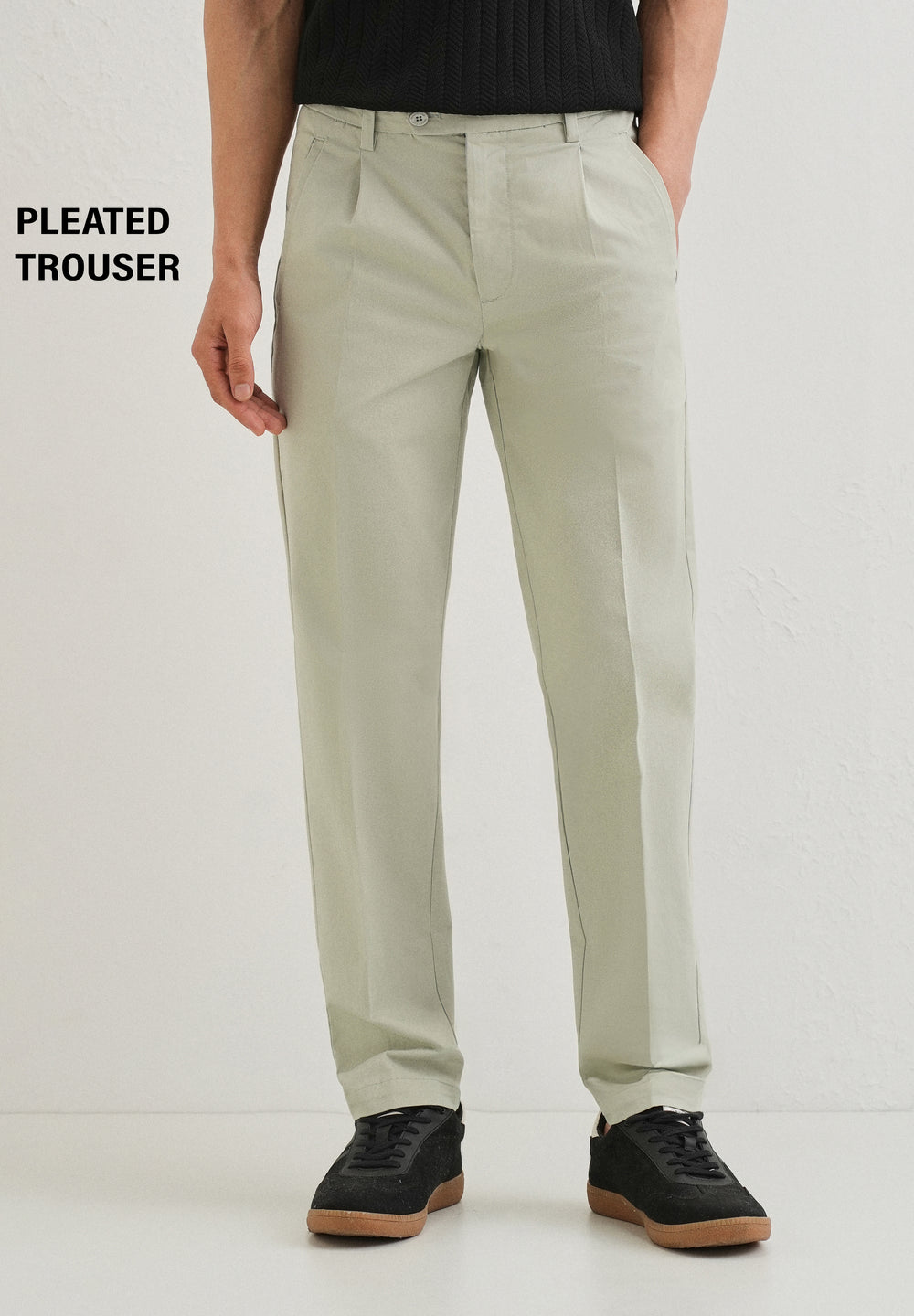 Tea Green Plain Pleated Chinos