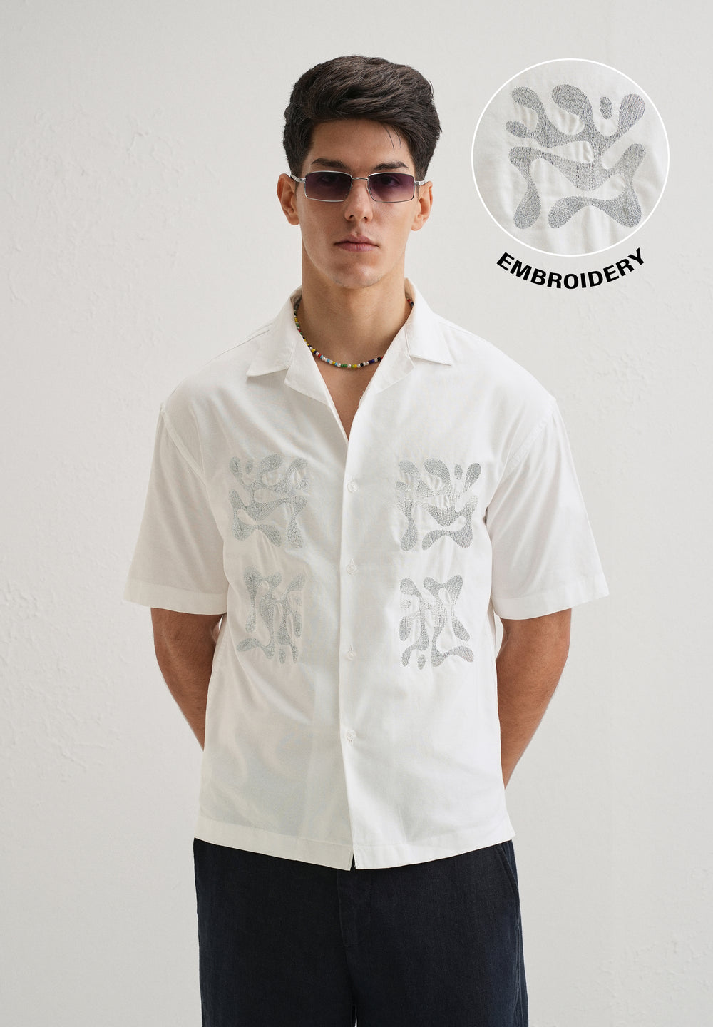 White Embroidery Cuban Collar Cotton Shirt