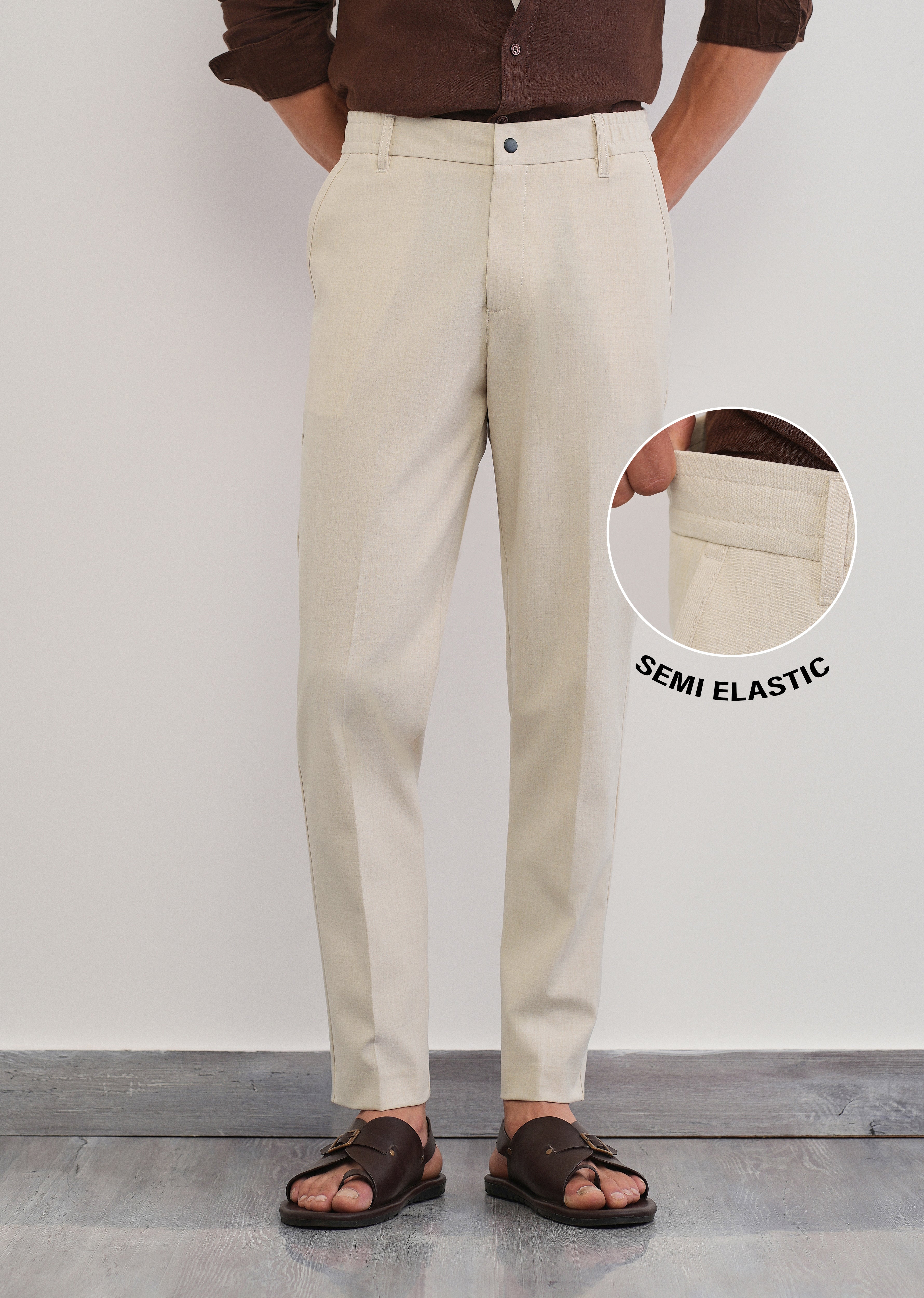Cream Semi-Elastic Slim Fit Trouser