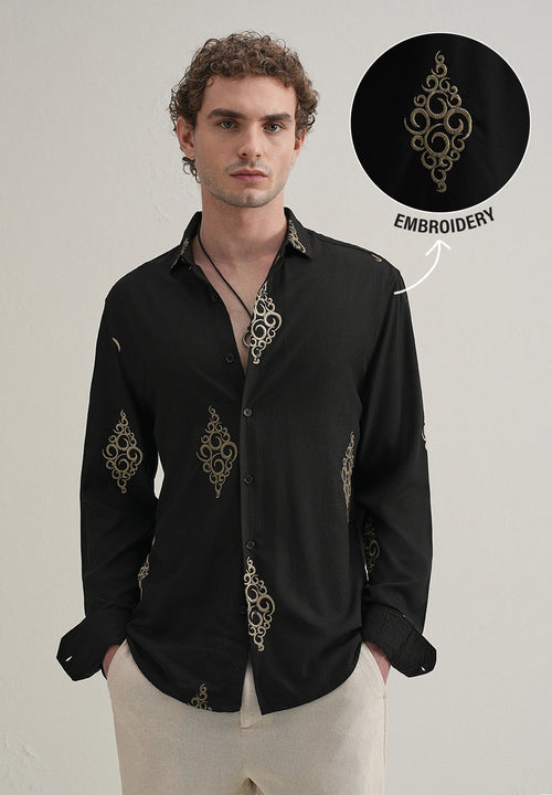 Black Circular Motif Embroidery Shirt
