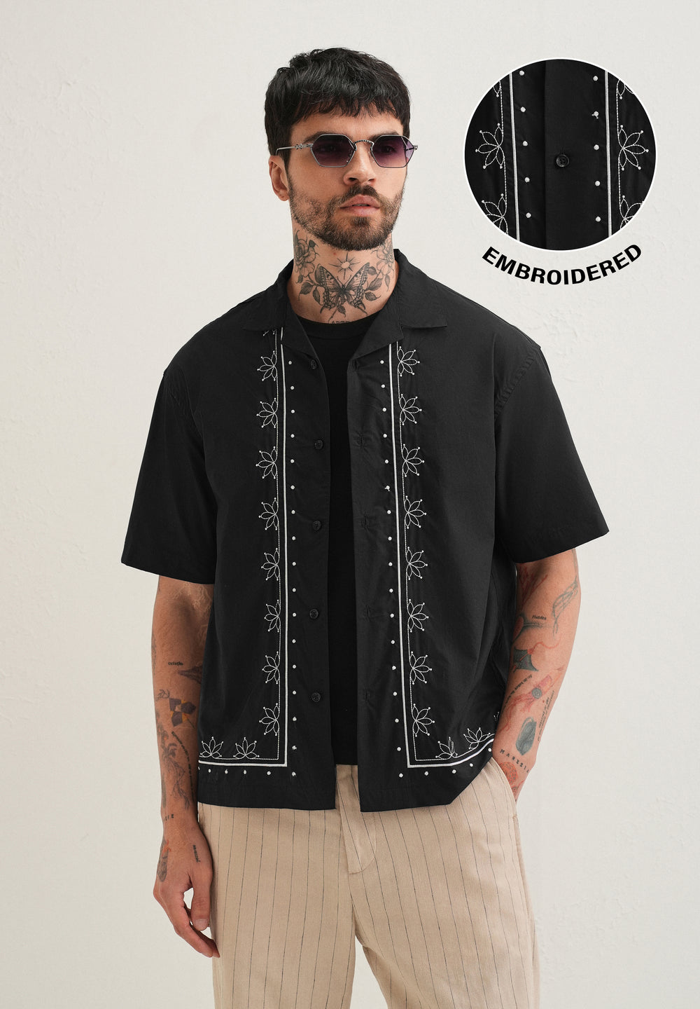 Black Floral Embroidered Stitchless Placket Shirt