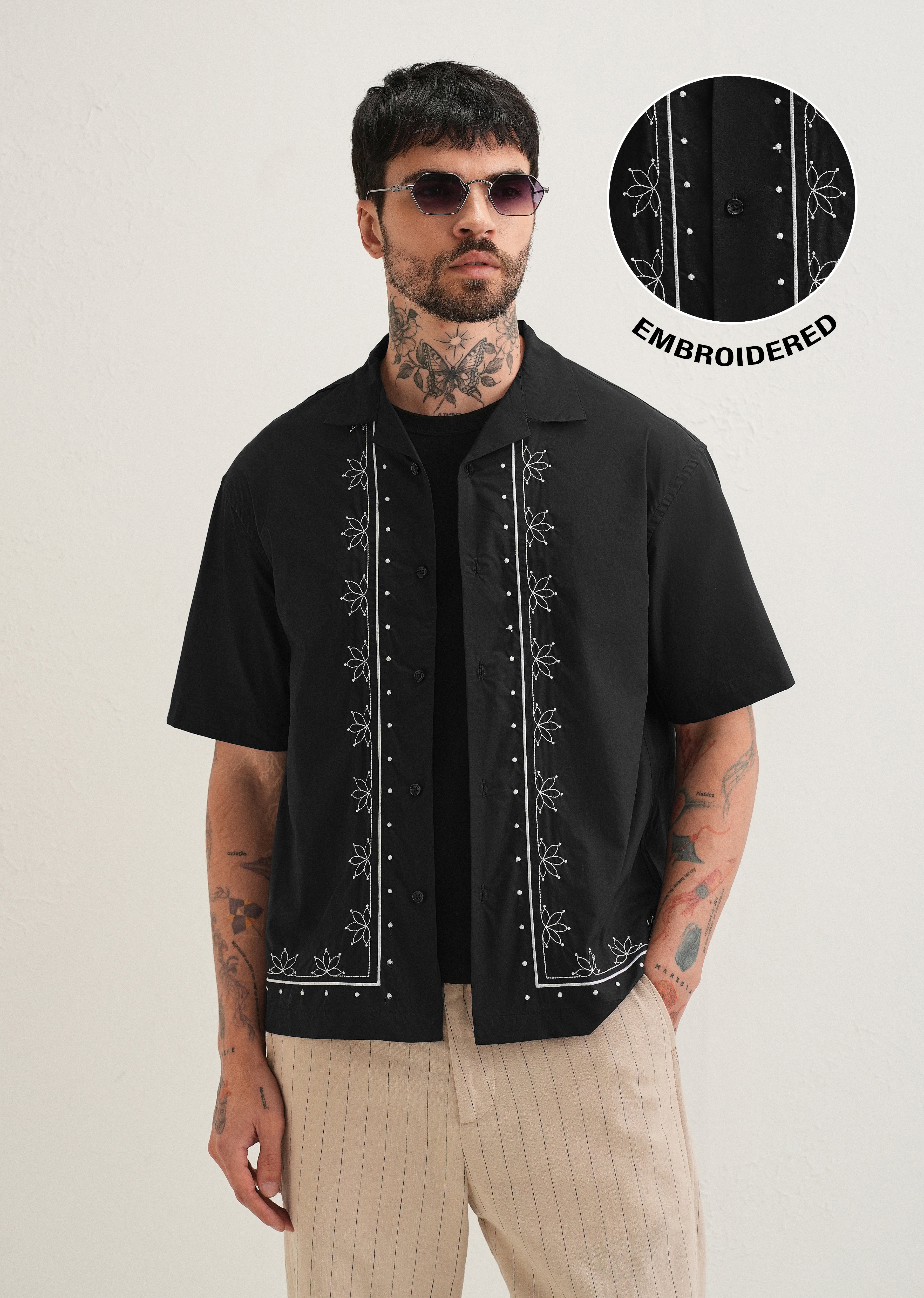 Black Floral Embroidered Stitchless Placket Shirt