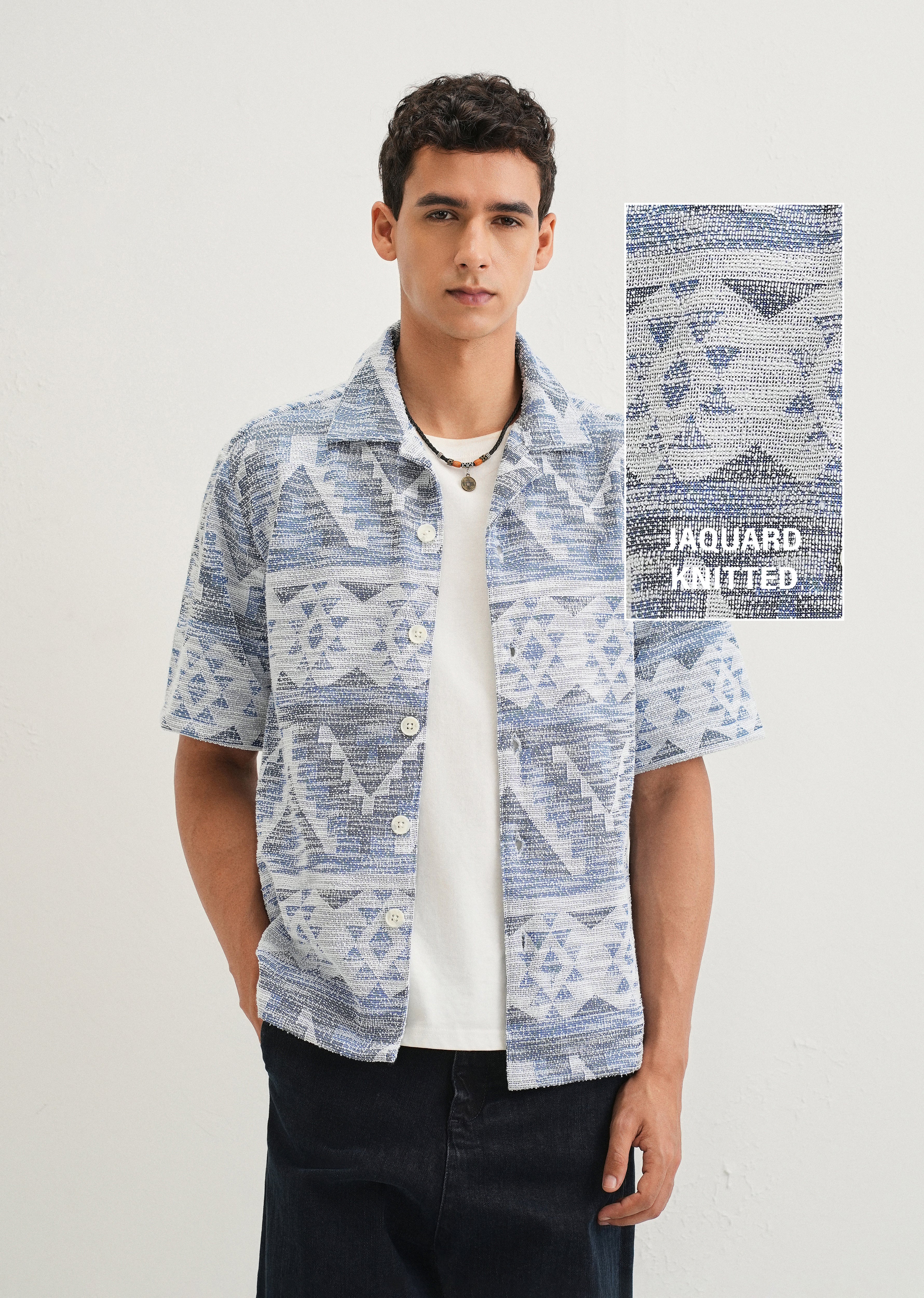 Blue Jacquard Knitted Shirt