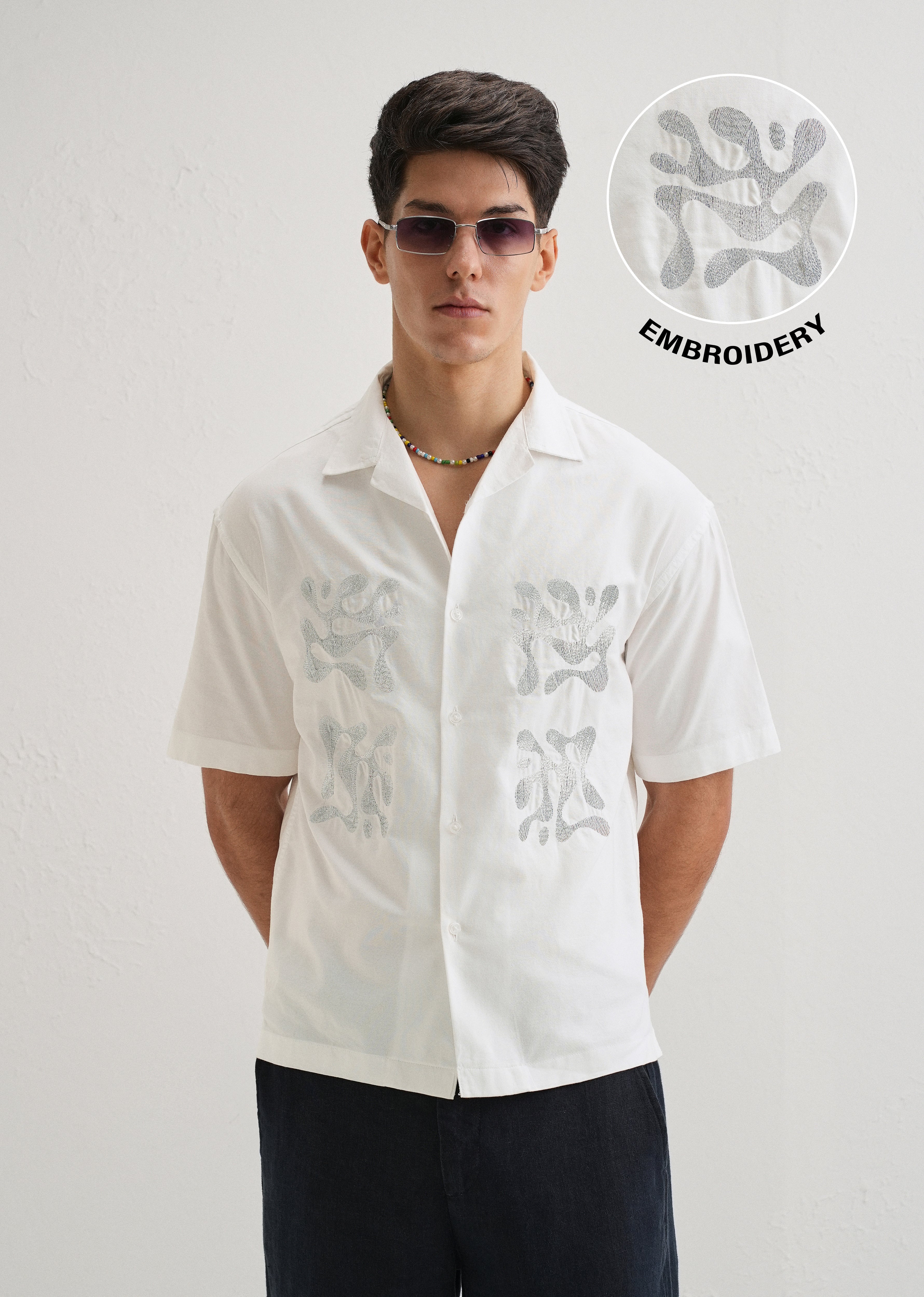 White Embroidery Cuban Collar Cotton Shirt