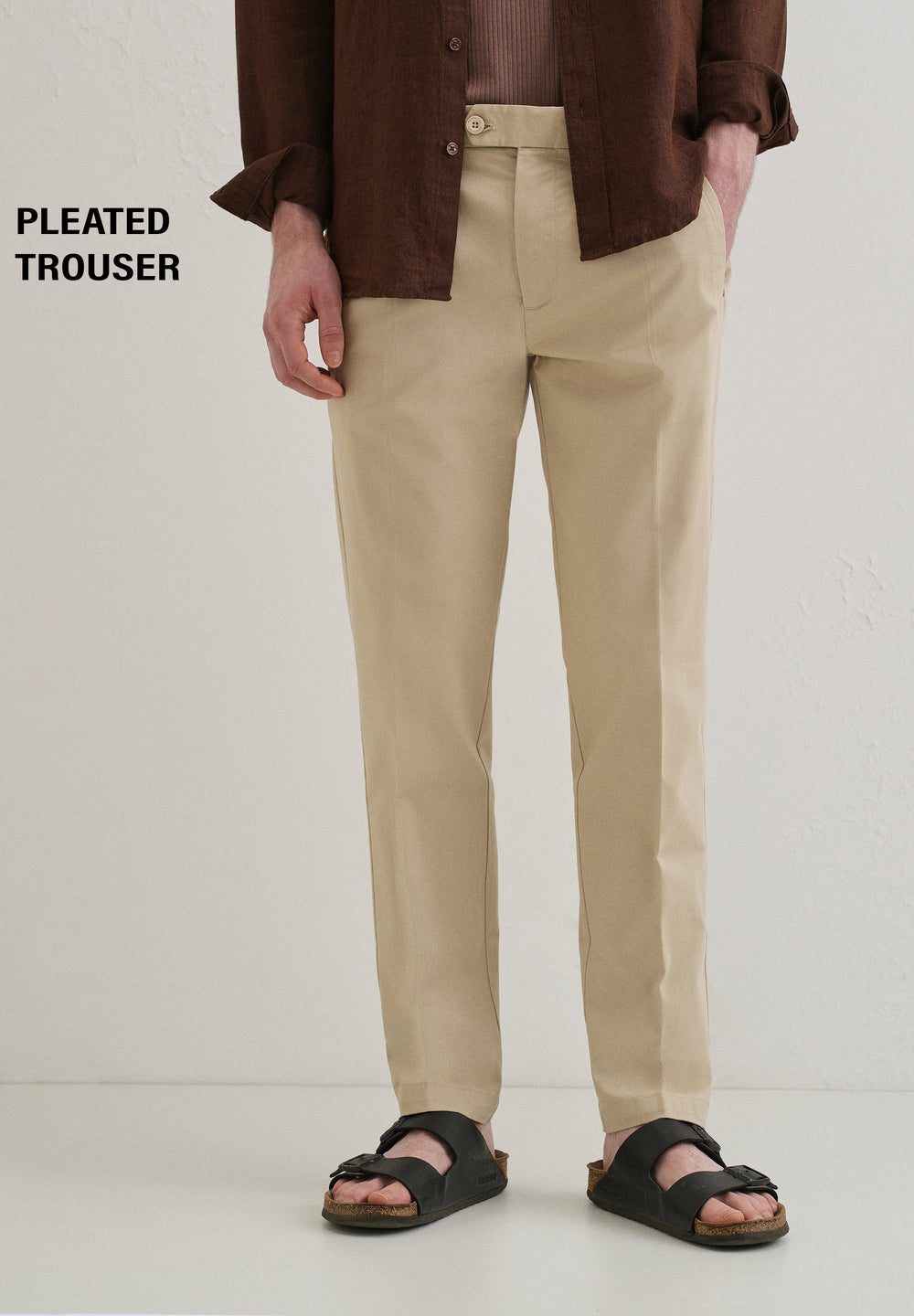 Beige Plain Pleated Chinos
