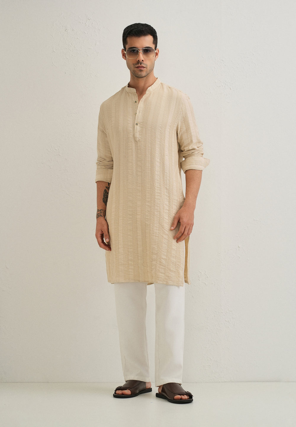 Beige Textured Vertical Stripe Kurta