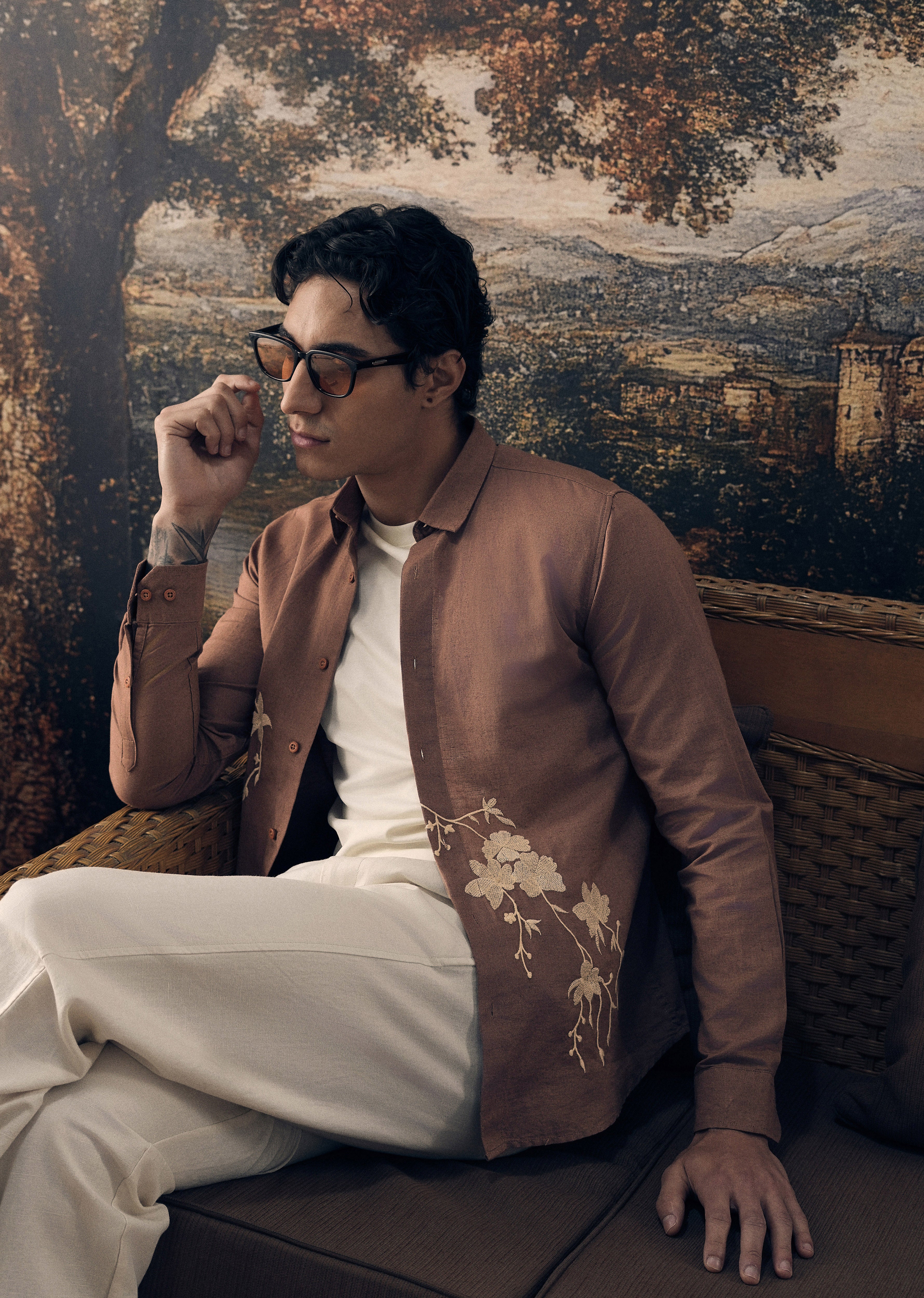 Brown Floral Embroidered Cuban Collar Shirt