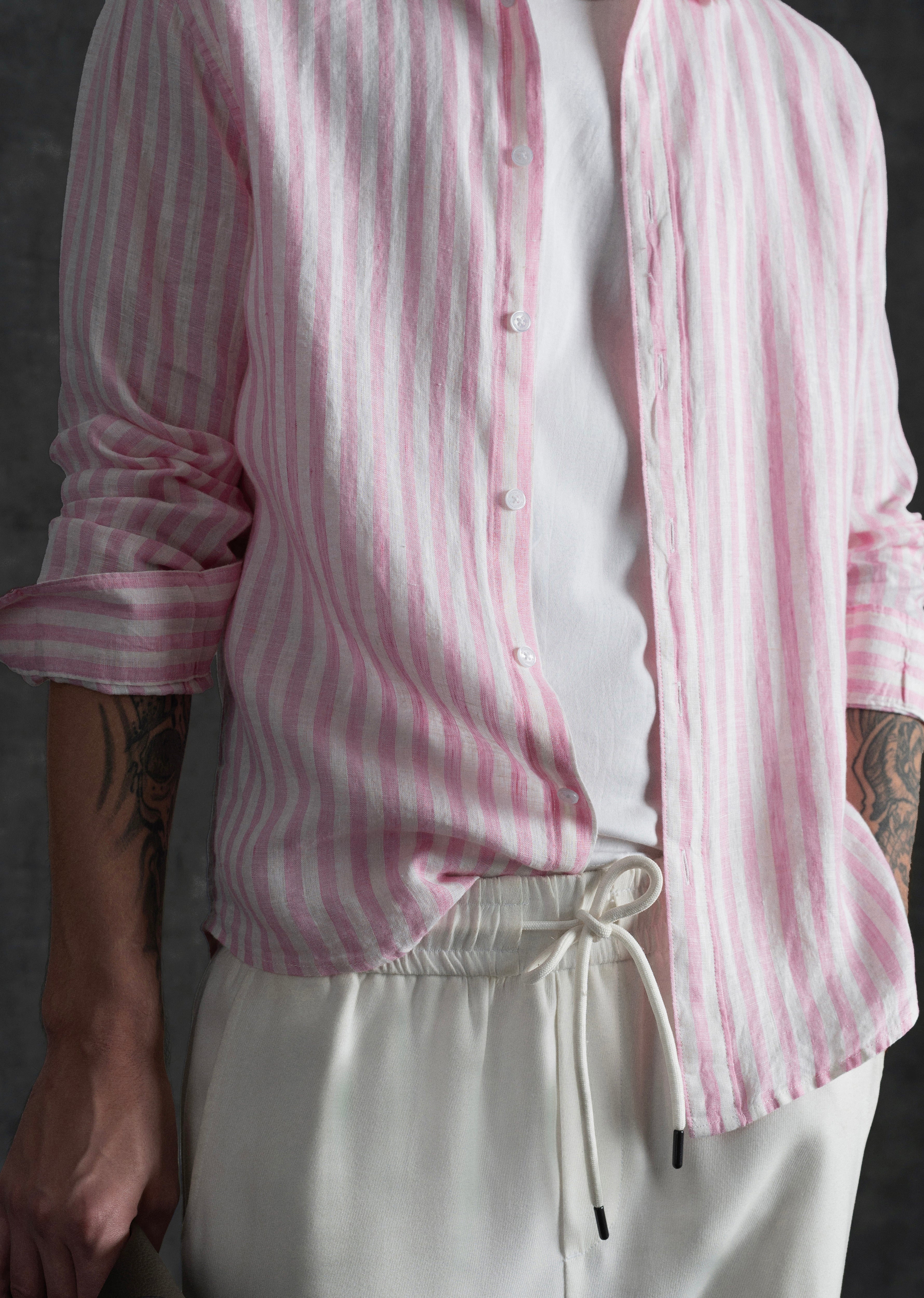 100% Linen Pink Stripe Shirt