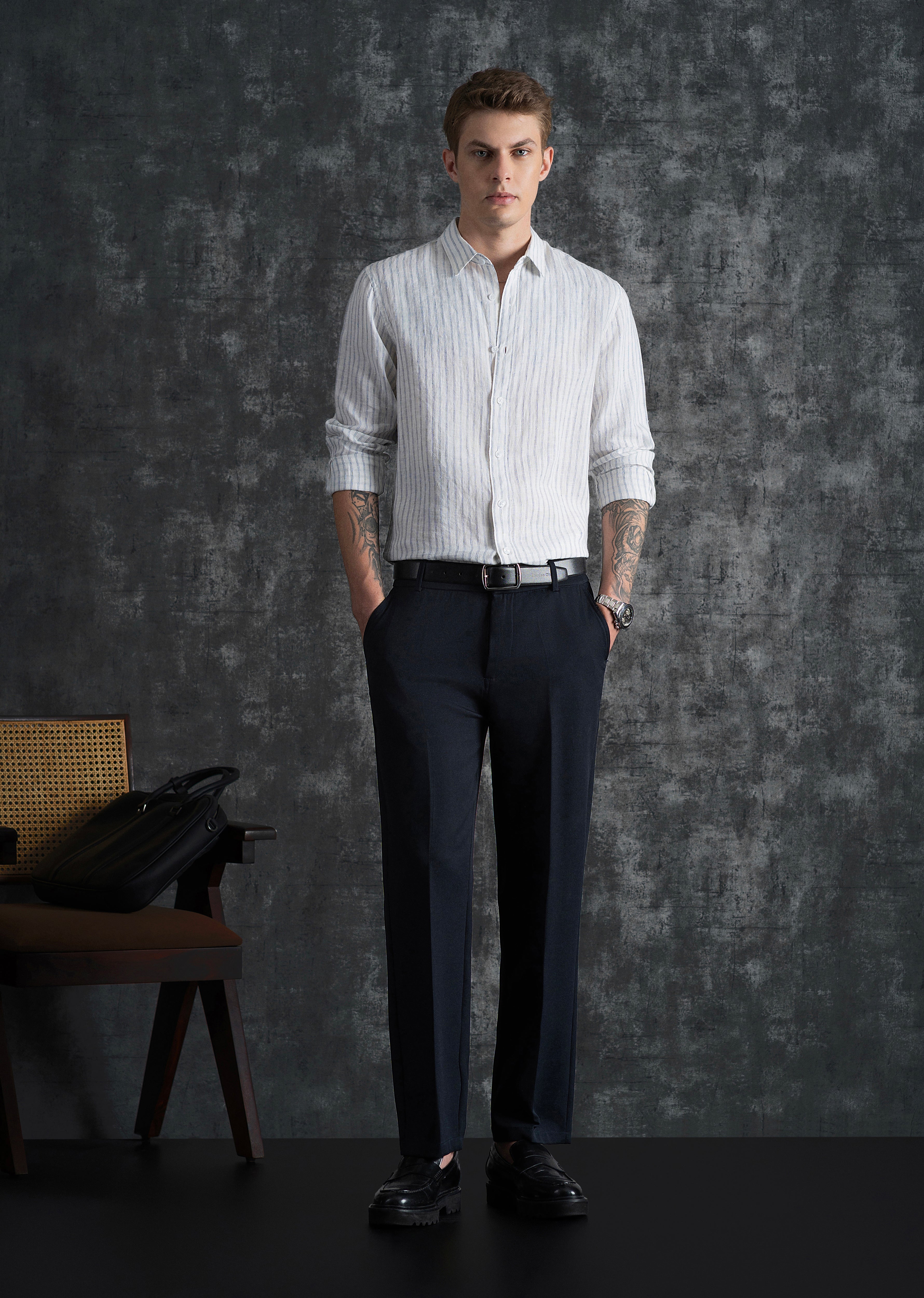 100% Linen Off-White Self-Stripe Shirt