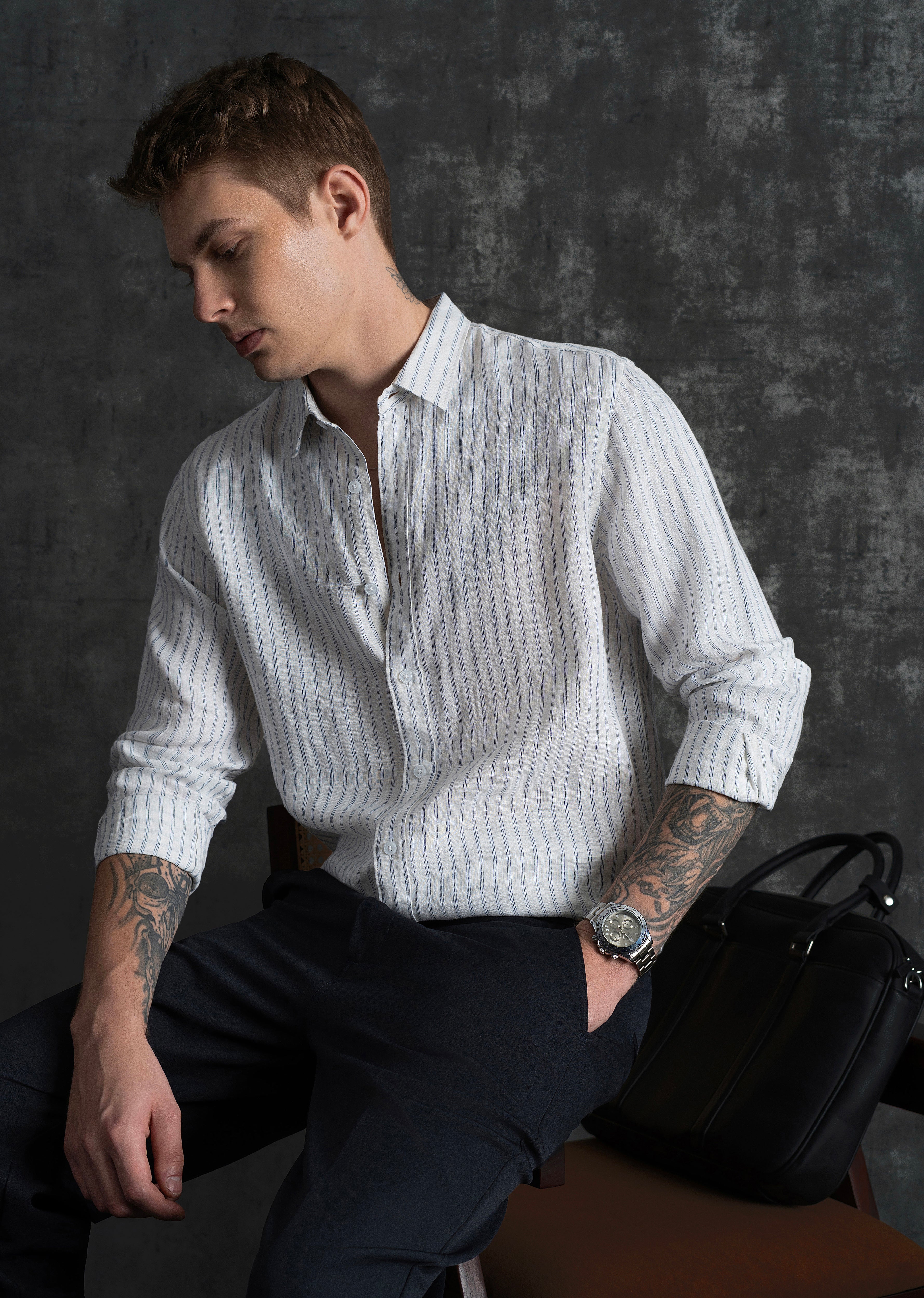 100% Linen Off-White Self-Stripe Shirt