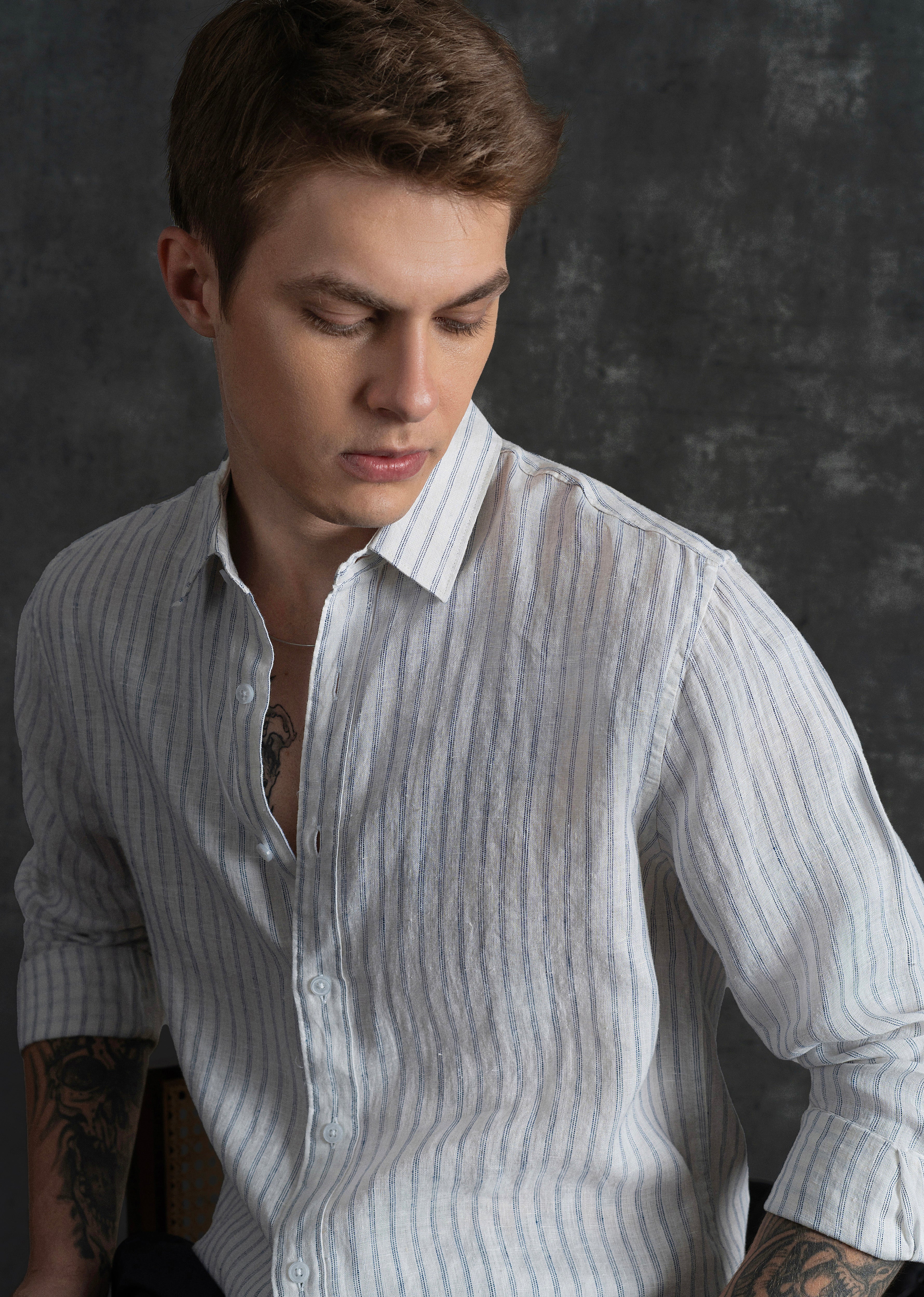 100% Linen Off-White Self-Stripe Shirt