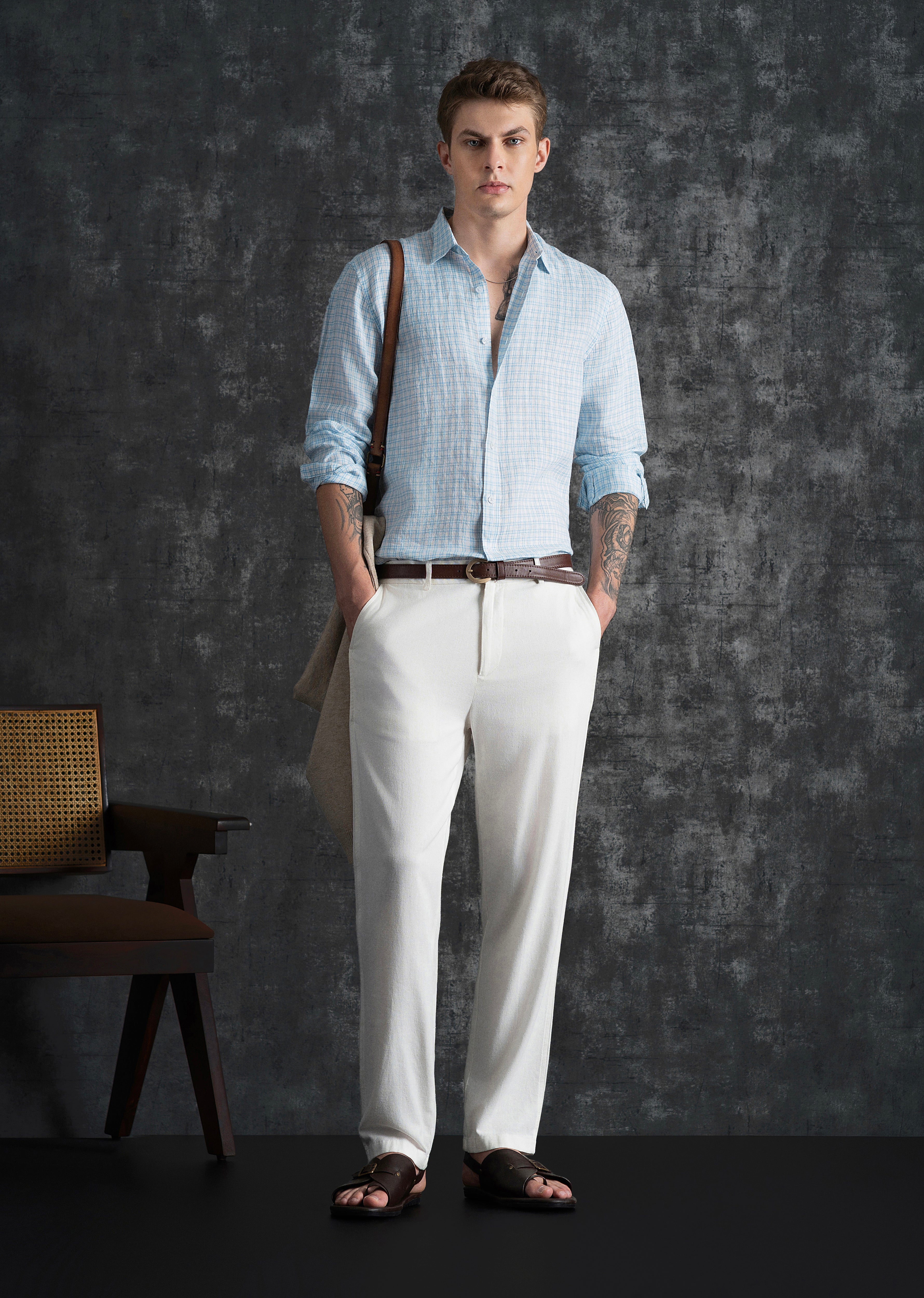 Sky Blue 100% Pure Linen Check Shirt