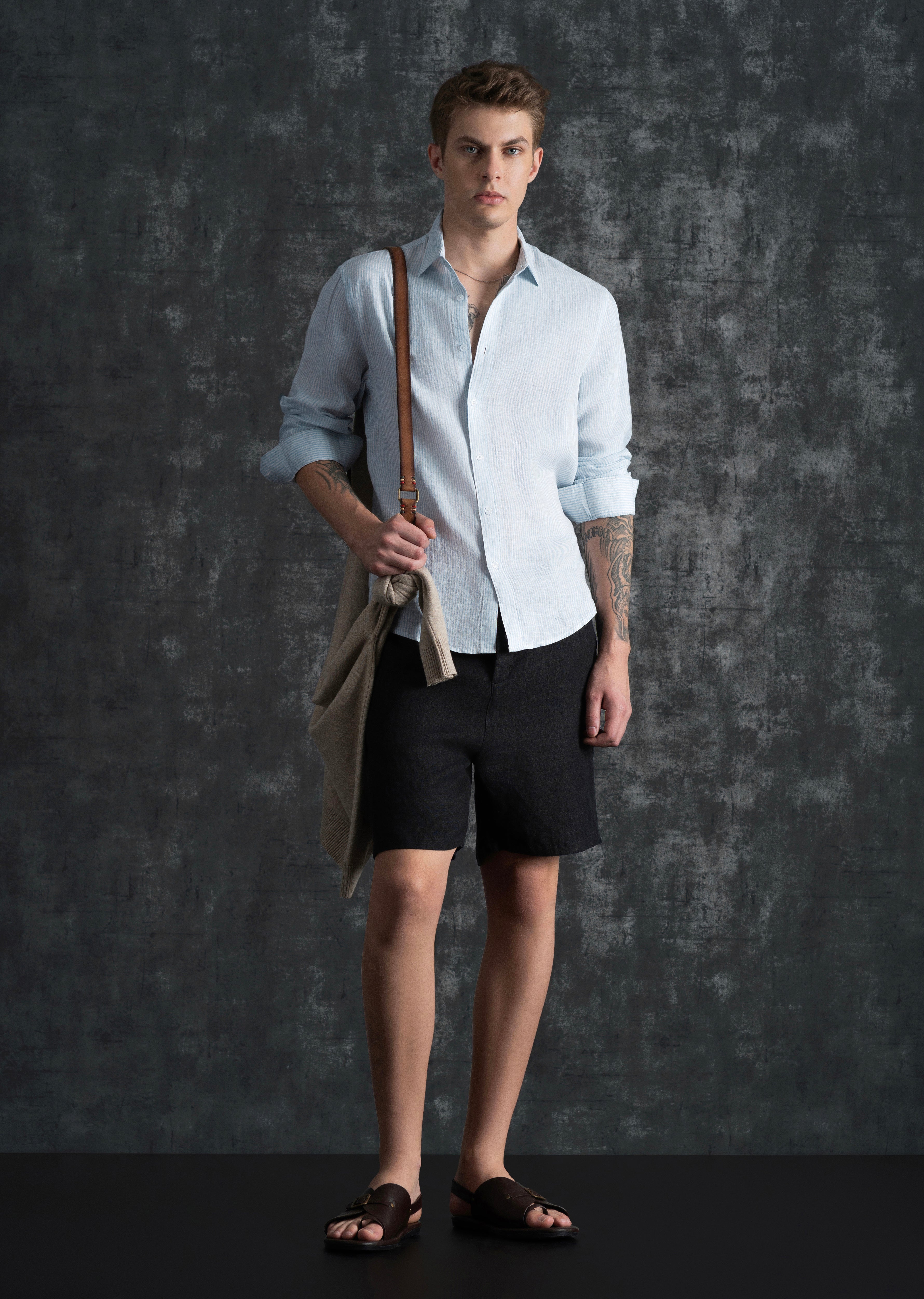 100% Linen Light Blue Self-Stripe Shirt