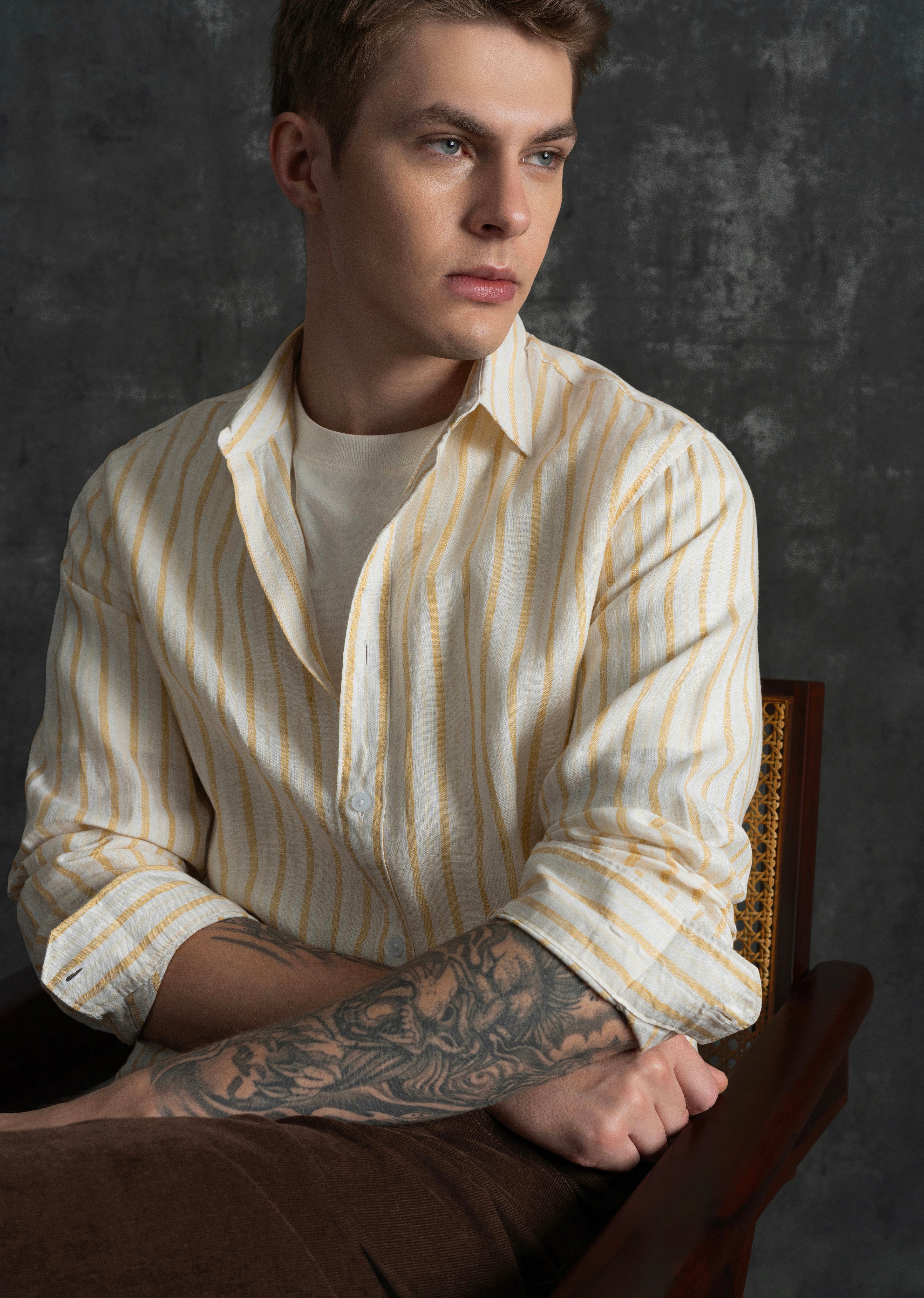 100% Linen Yellow Self-Stripe Shirt