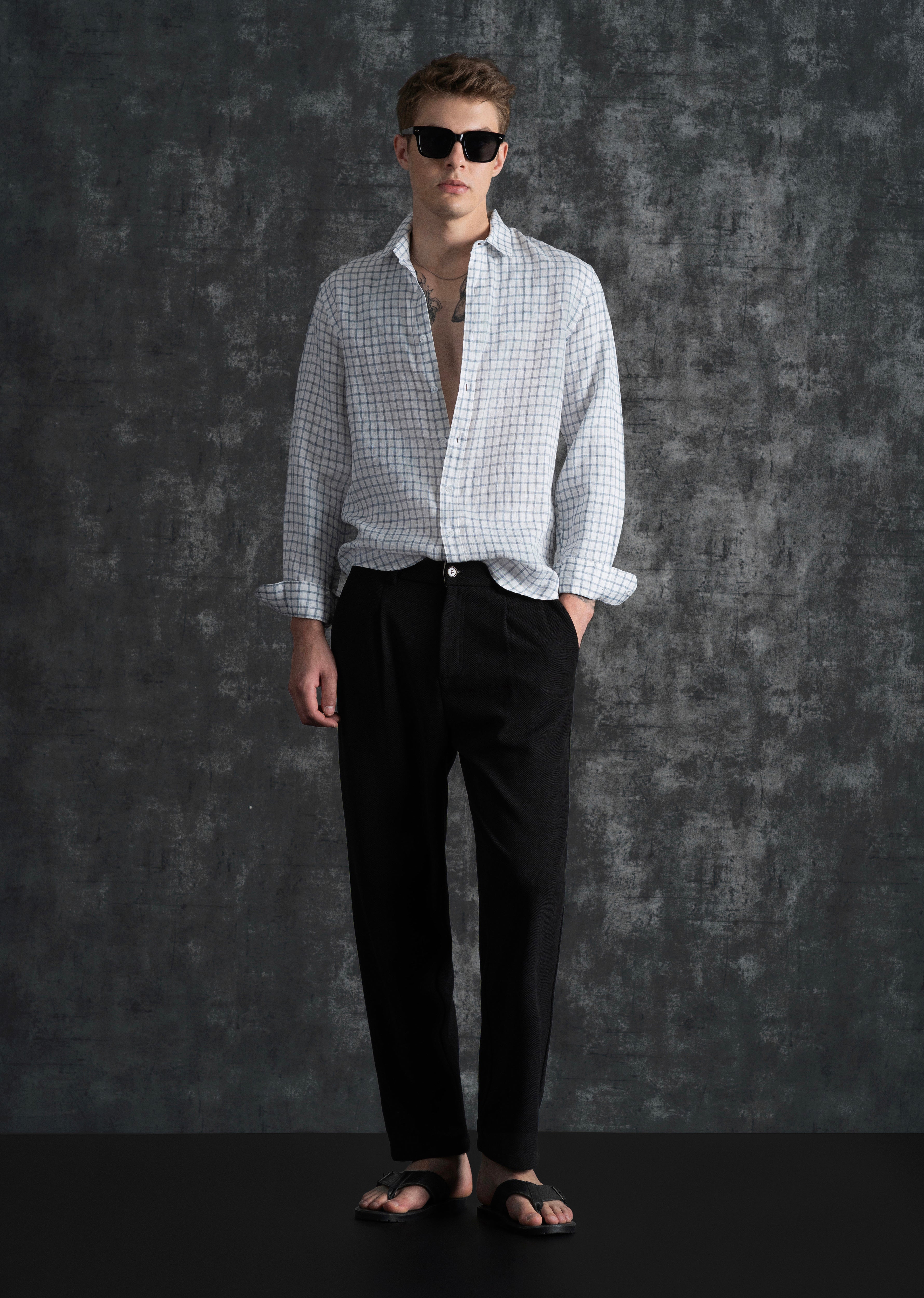 Blue 100% Pure Linen Check Shirt