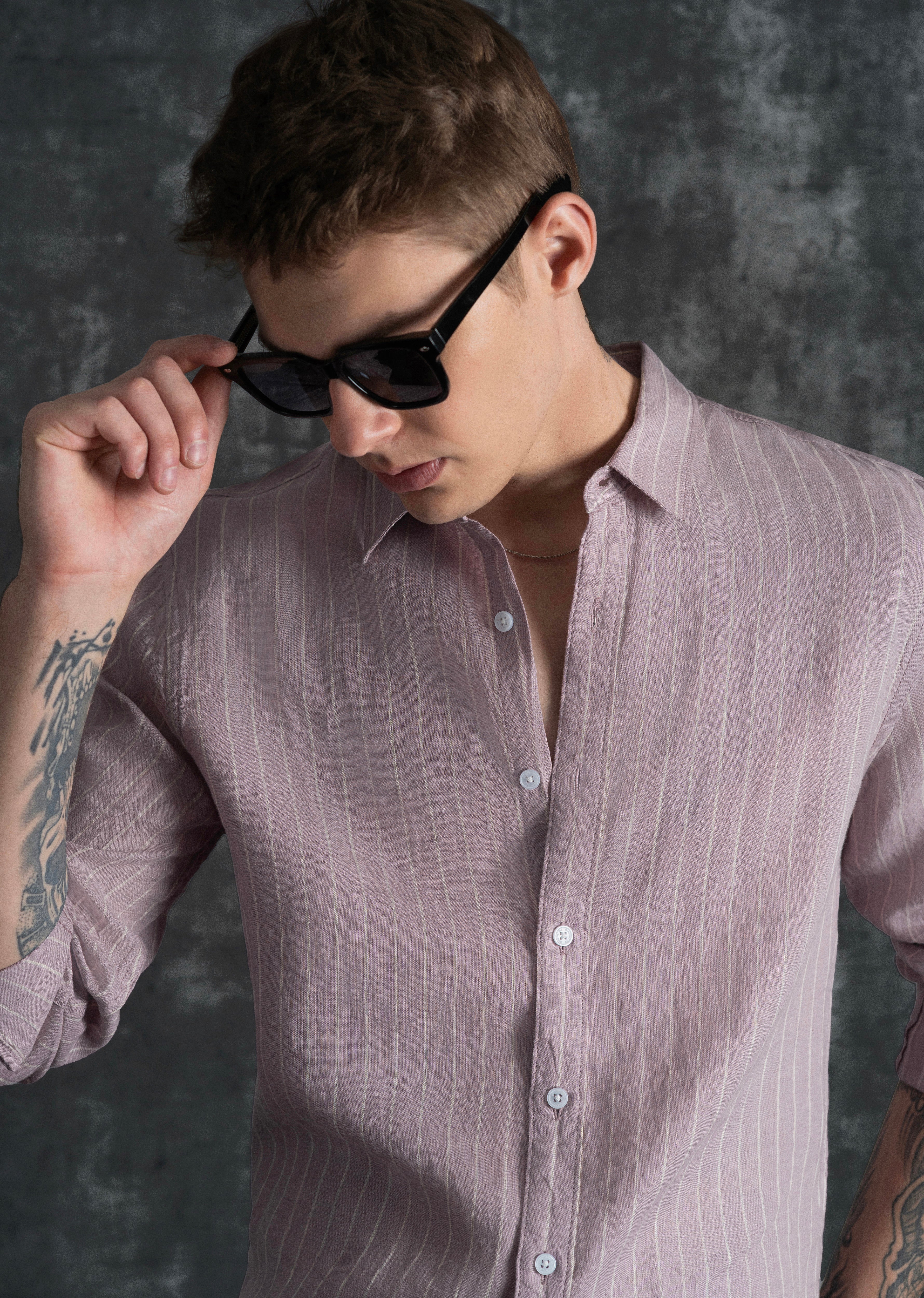 100% Linen Purple Vertical Stripe Shirt