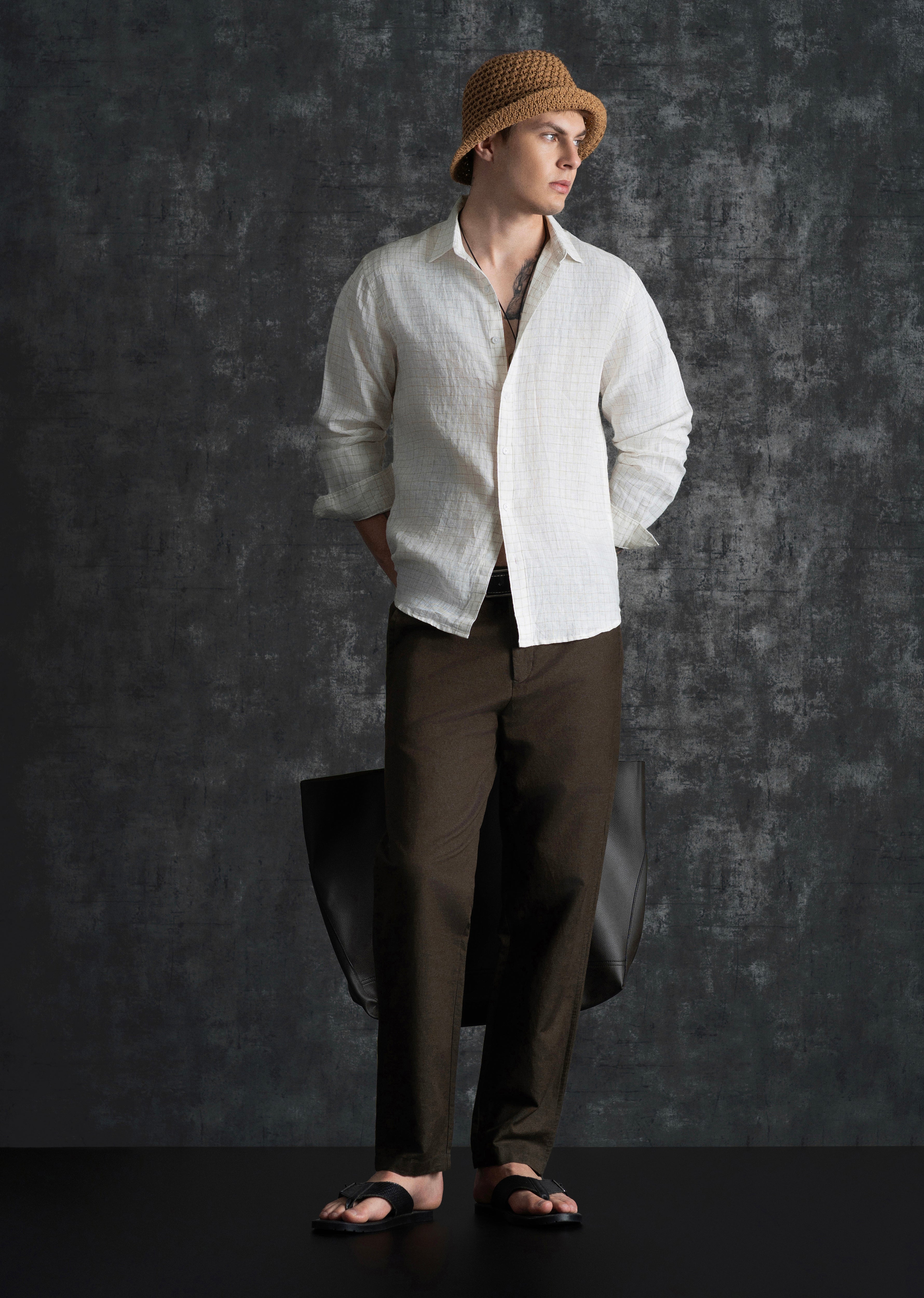 100% Pure Linen Off-White Check Shirt