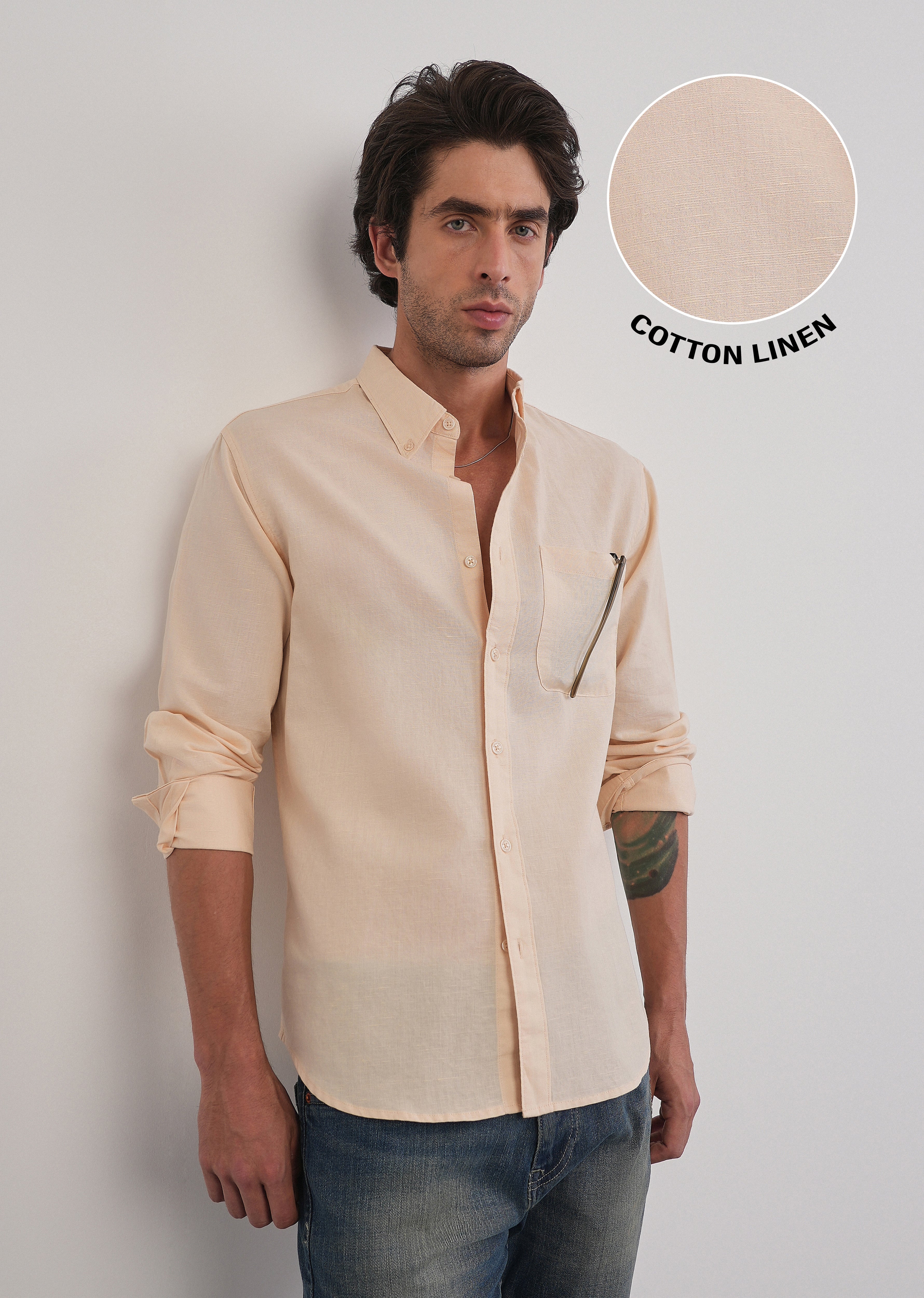 Cream Cotton Linen Plain Shirt