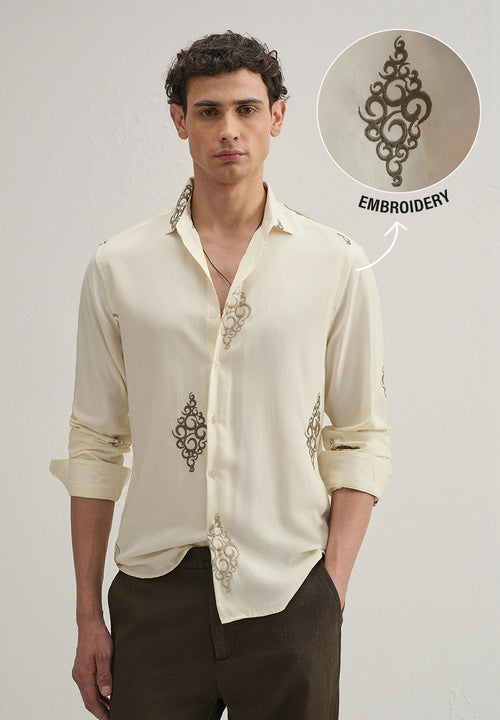 Cream Circular Motif Embroidery Shirt