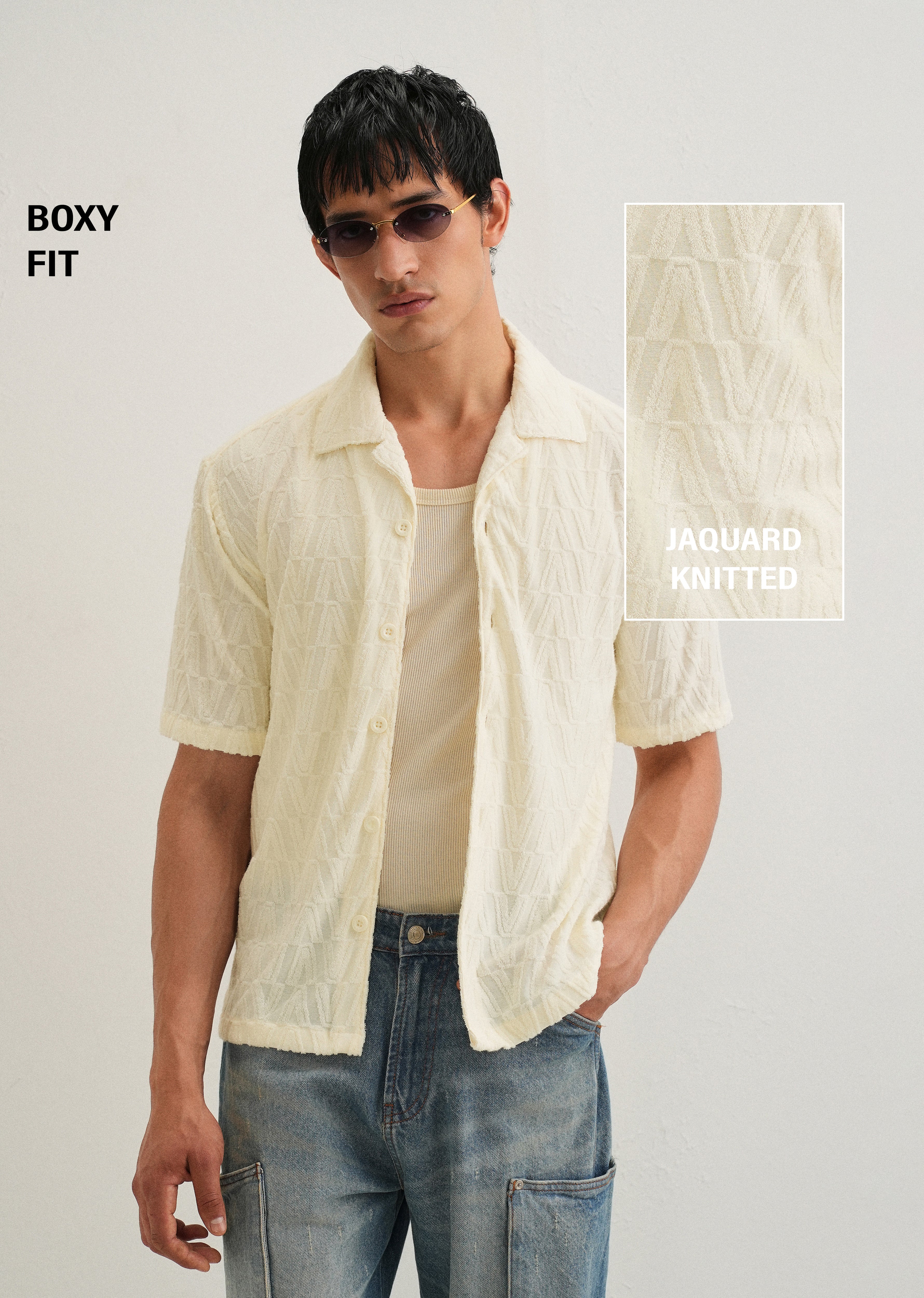 Ivory Cream Jacquard Knitted Shirt