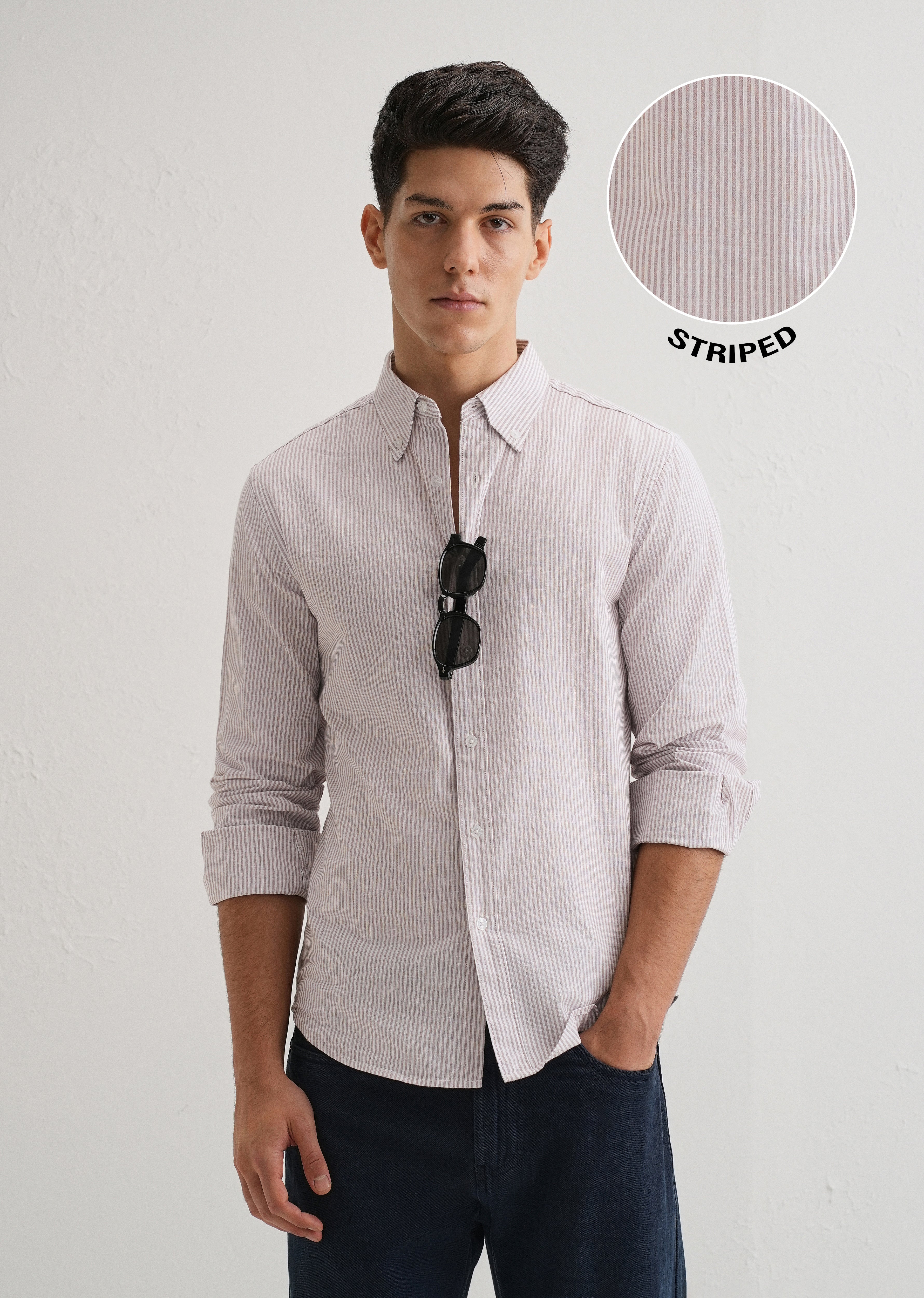 Light Brown Striped Cotton Linen Shirt