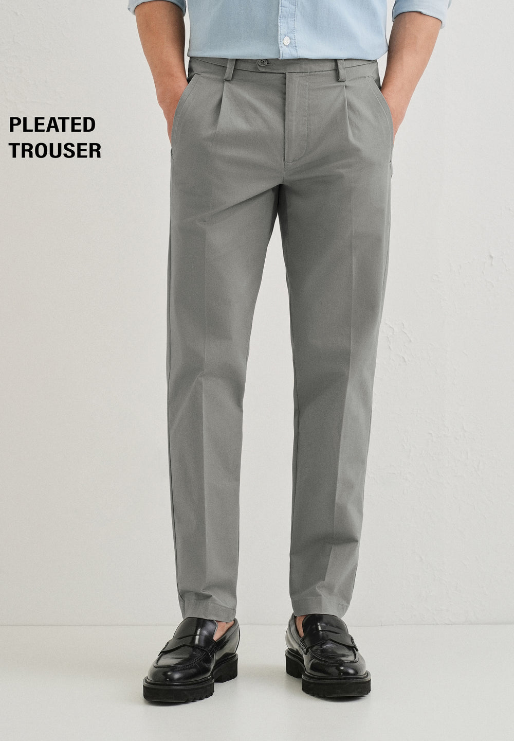 Graphite Grey Plain Pleated Chinos
