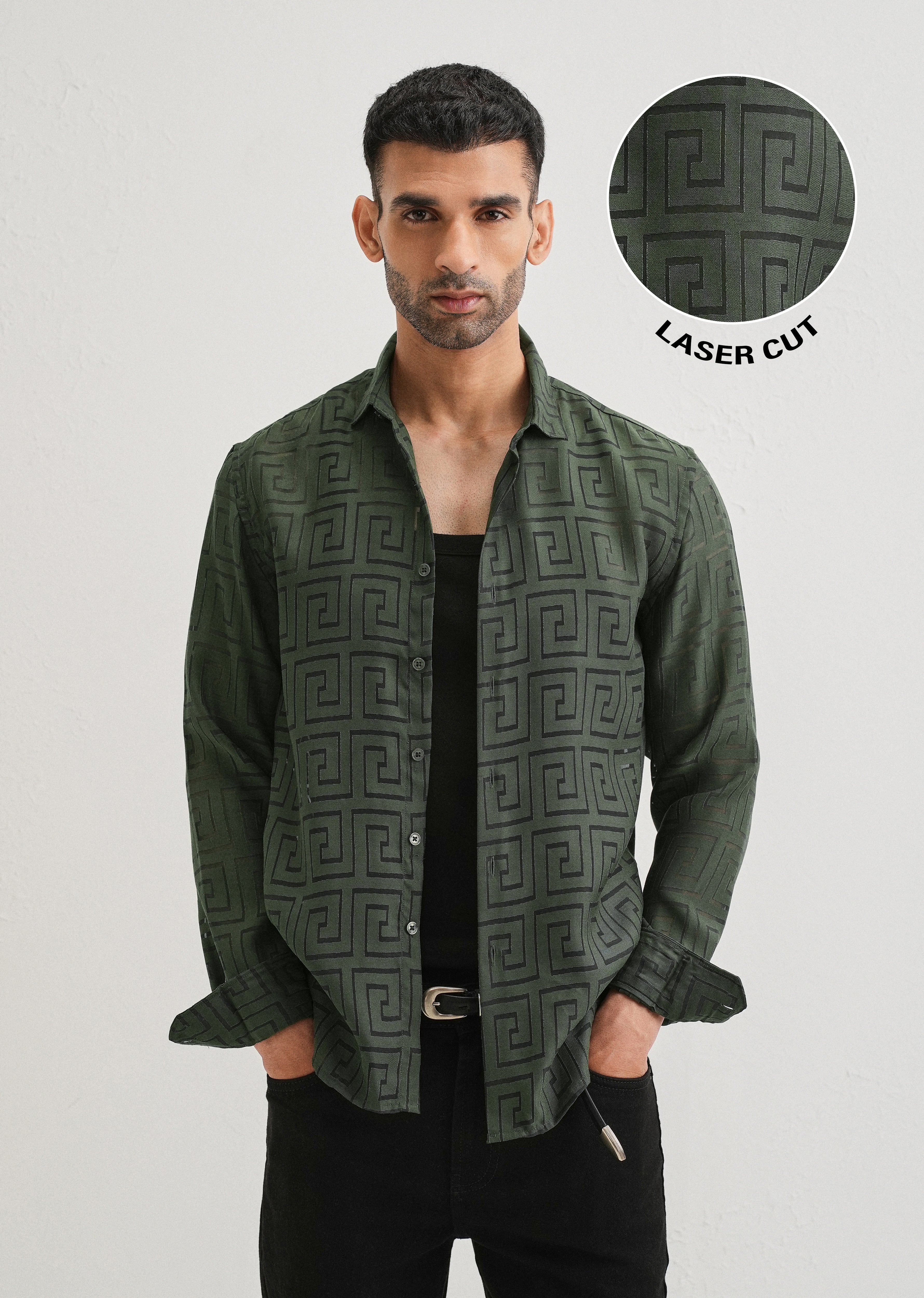 Olive Green Laser Cut Shirt