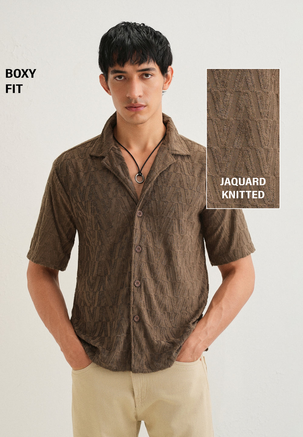 Brown Jacquard Knitted Shirt