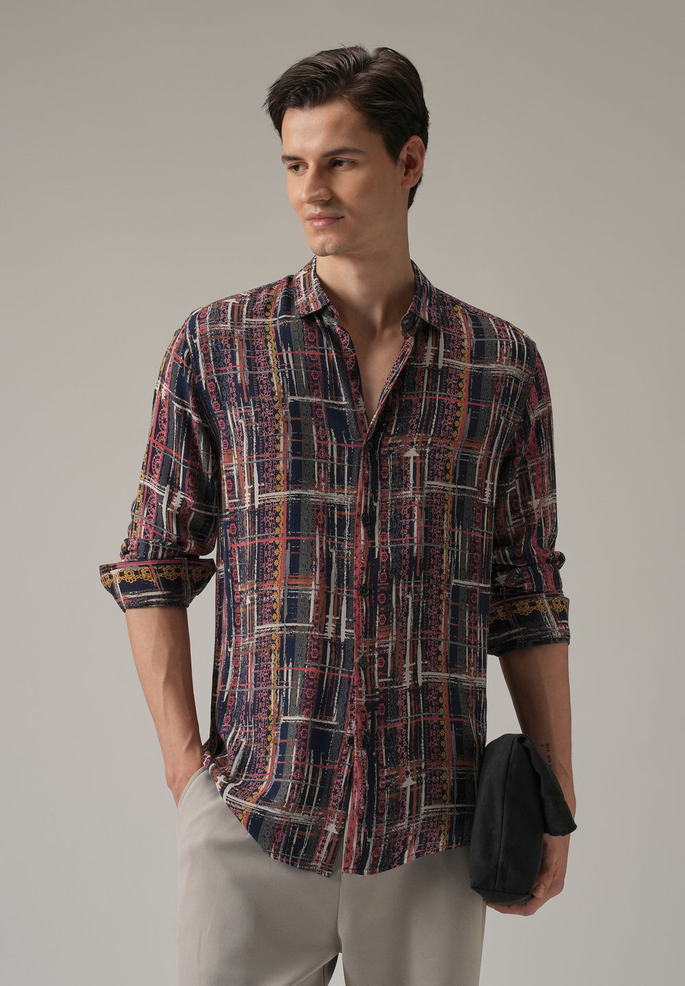 Abstract Multi Plaid Print Feather Shirt